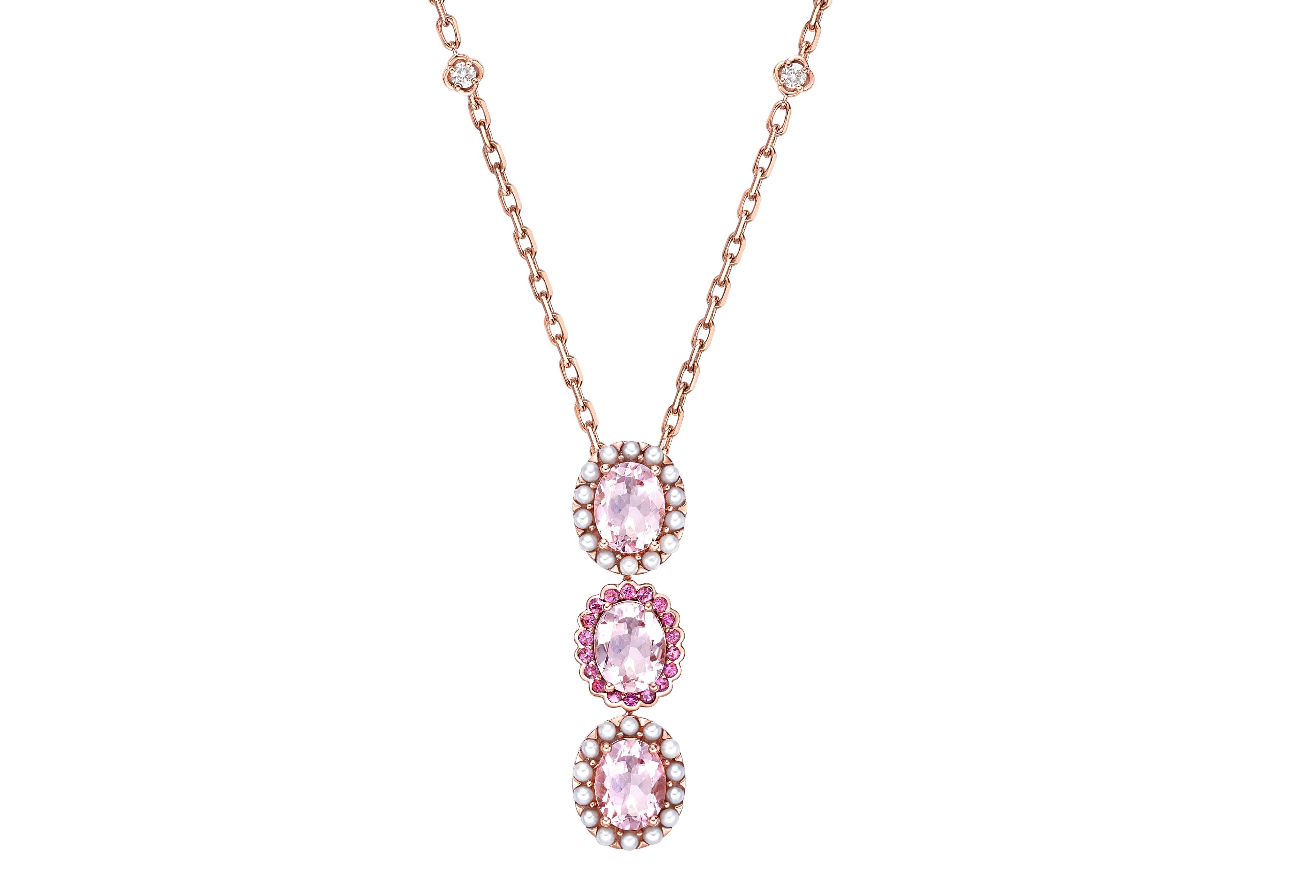 Contemporary Pink Morganite Pendant Necklace with Tourmaline, Pearl & Diamond in 18KRG. For Sale