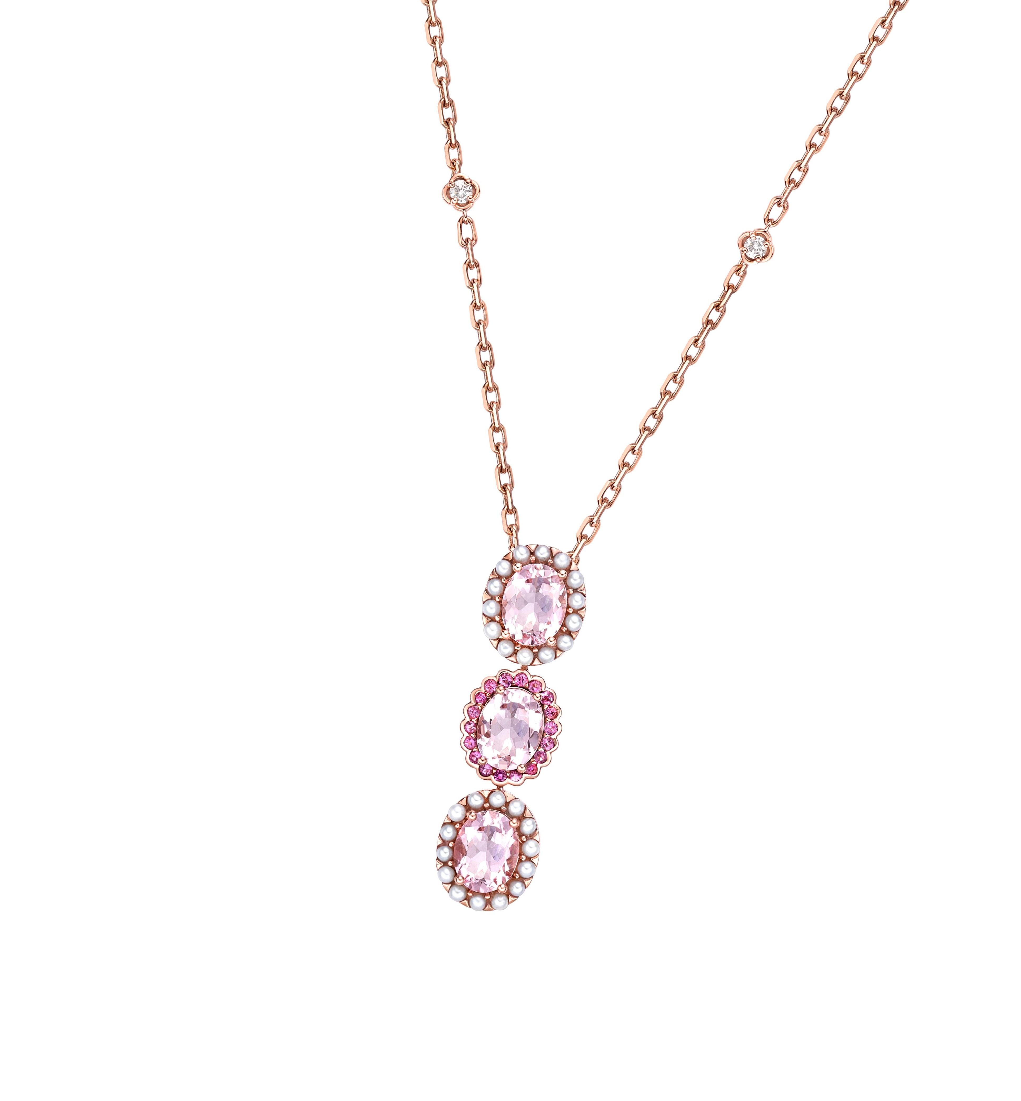 Oval Cut Pink Morganite Pendant Necklace with Tourmaline, Pearl & Diamond in 18KRG. For Sale