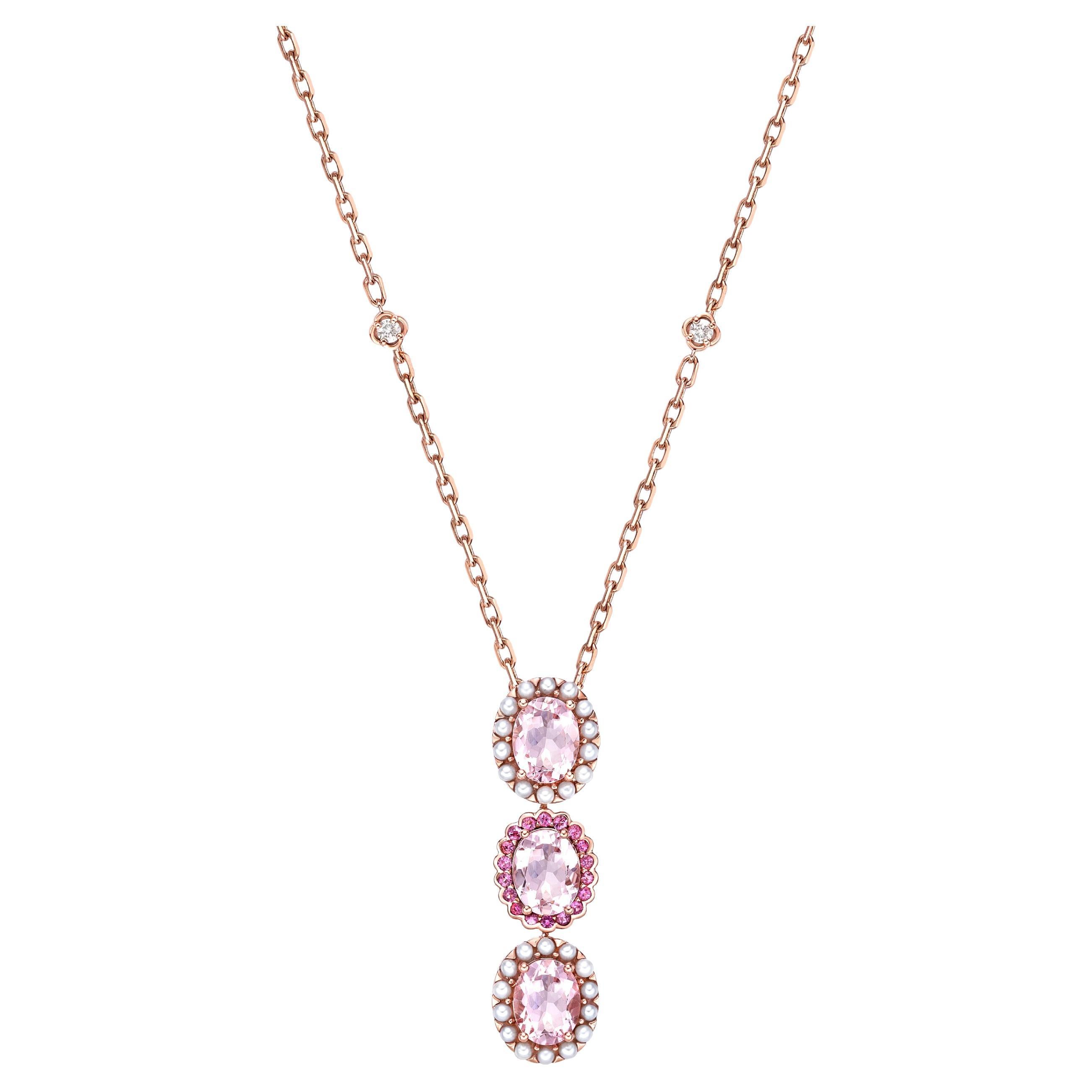 Collier pendentif en morganite rose avec tourmaline, perle et diamants, 18 carats