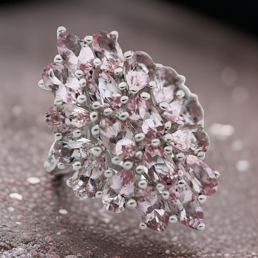 Art Deco Pink Morganite Ring, Real Morganite Cluster Ring in .925 Sterling Silver Jewelry For Sale