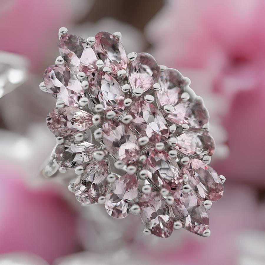 Pear Cut Pink Morganite Ring, Real Morganite Cluster Ring in .925 Sterling Silver Jewelry For Sale