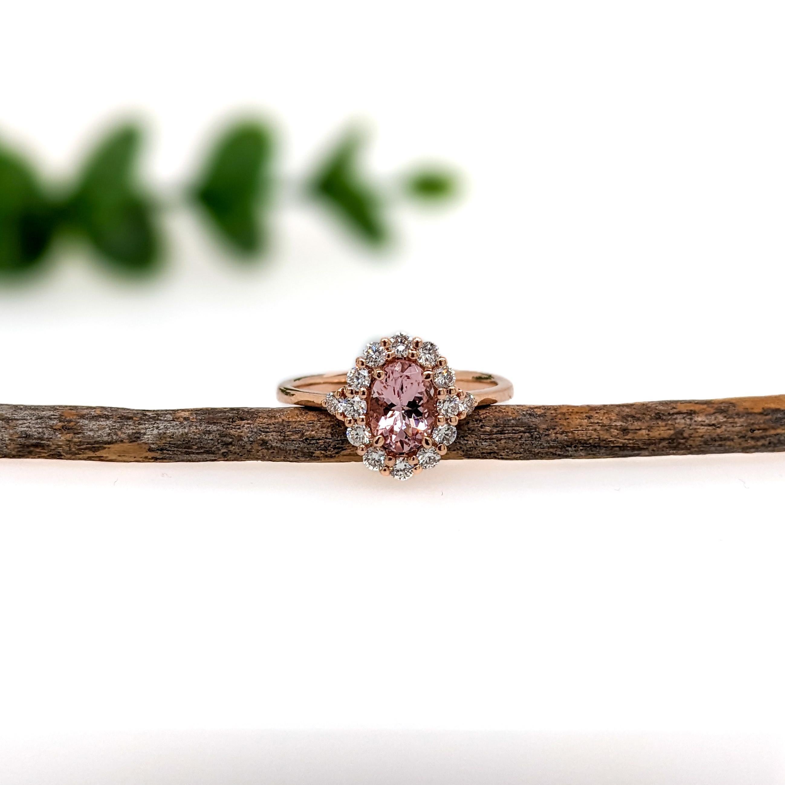 Baroque Pink Morganite Ring w Natural Diamond halo in Solid 14K Rose Gold Oval 7x5mm For Sale