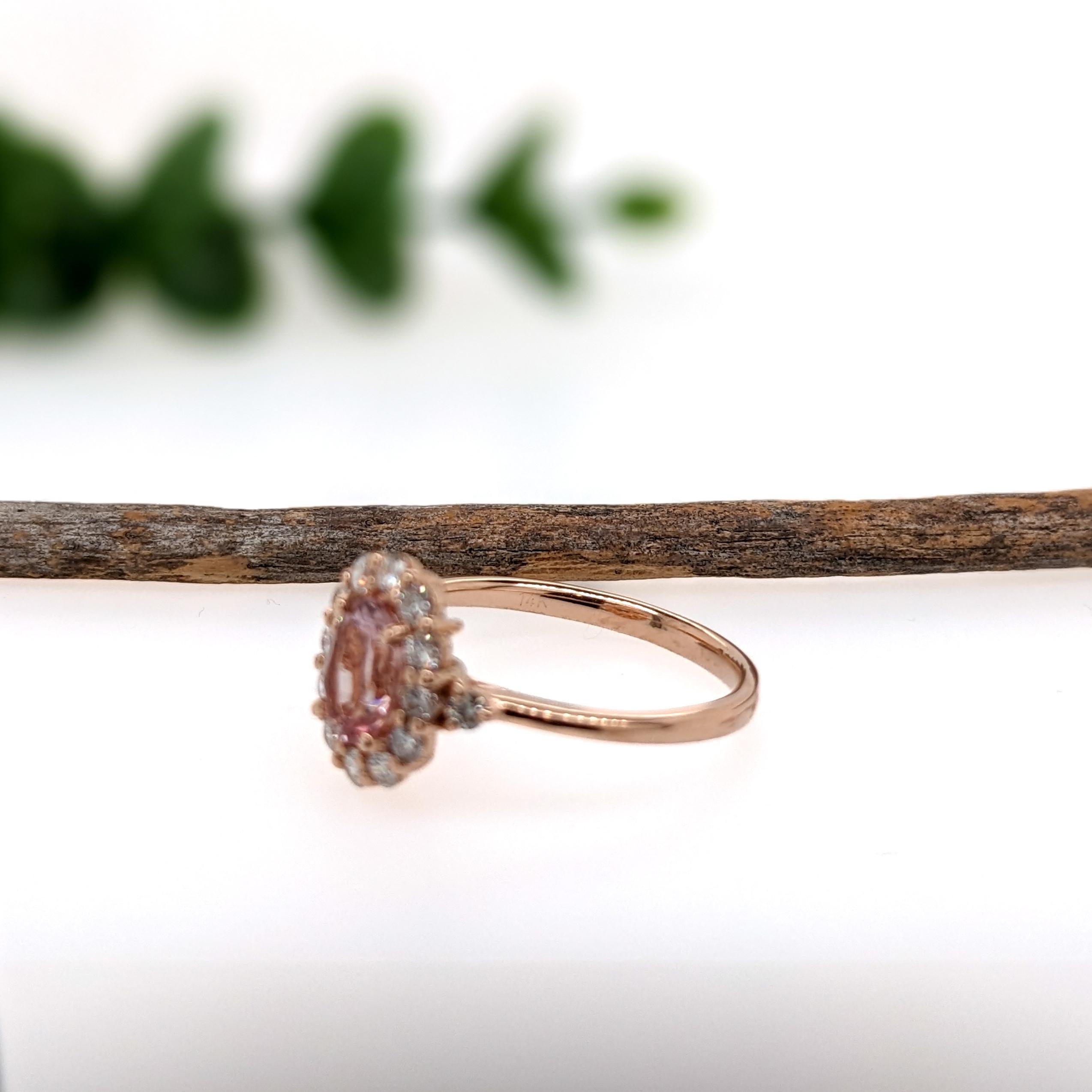 Women's Pink Morganite Ring w Natural Diamond halo in Solid 14K Rose Gold Oval 7x5mm For Sale