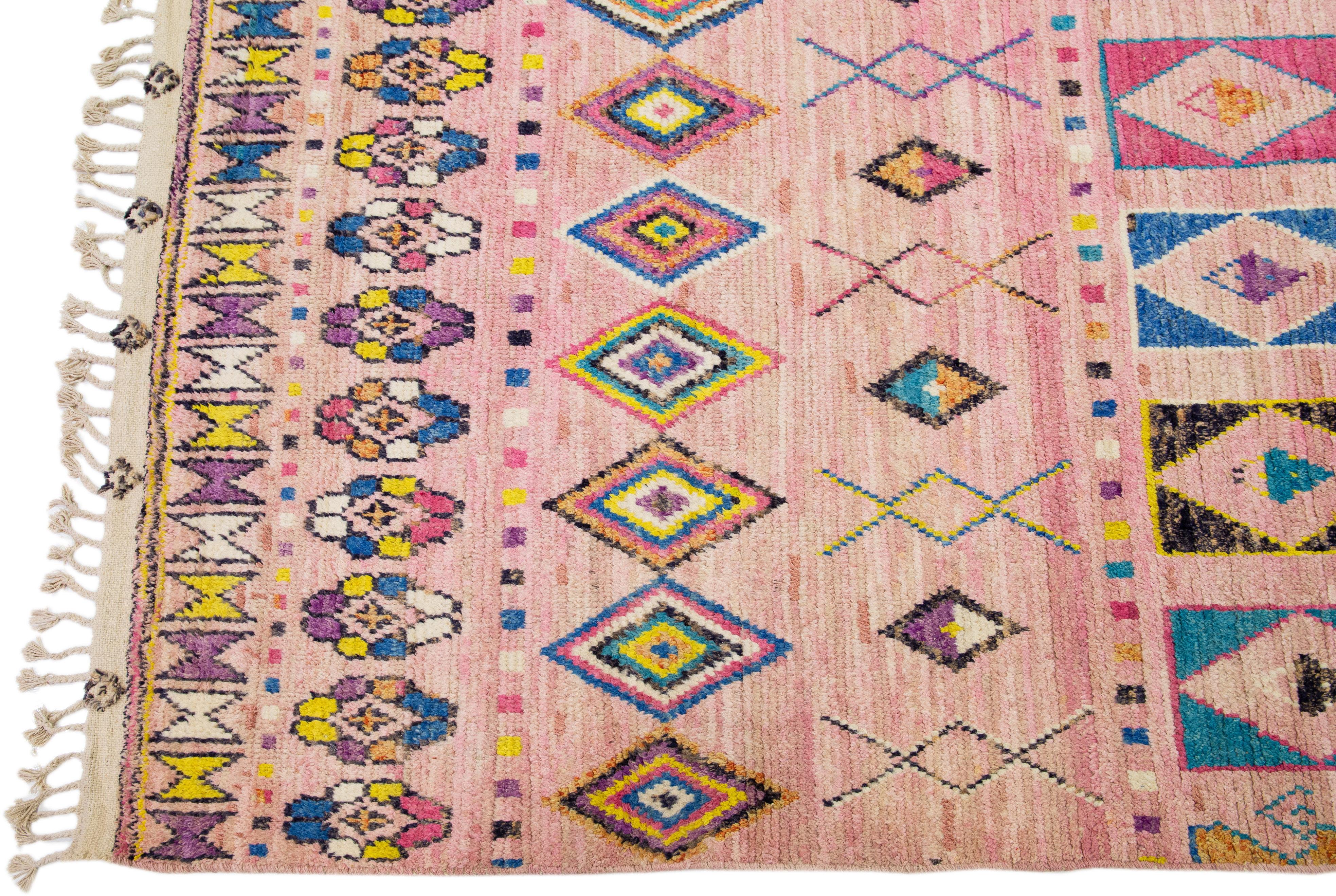 Pakistani Pink Moroccan Berber Style Handmade Geometric Wool Rug For Sale