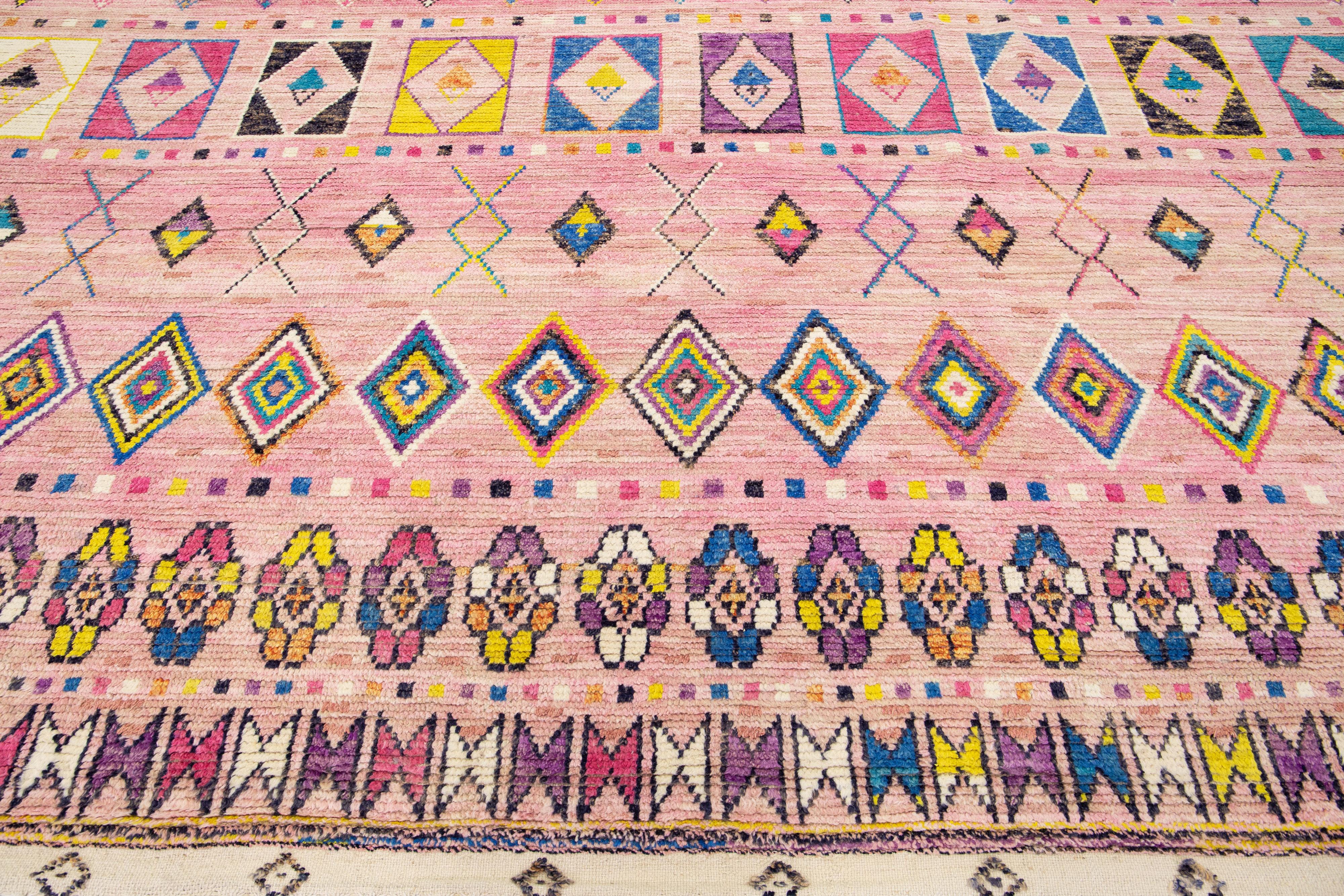 Pink Moroccan Berber Style Handmade Geometric Wool Rug In New Condition For Sale In Norwalk, CT