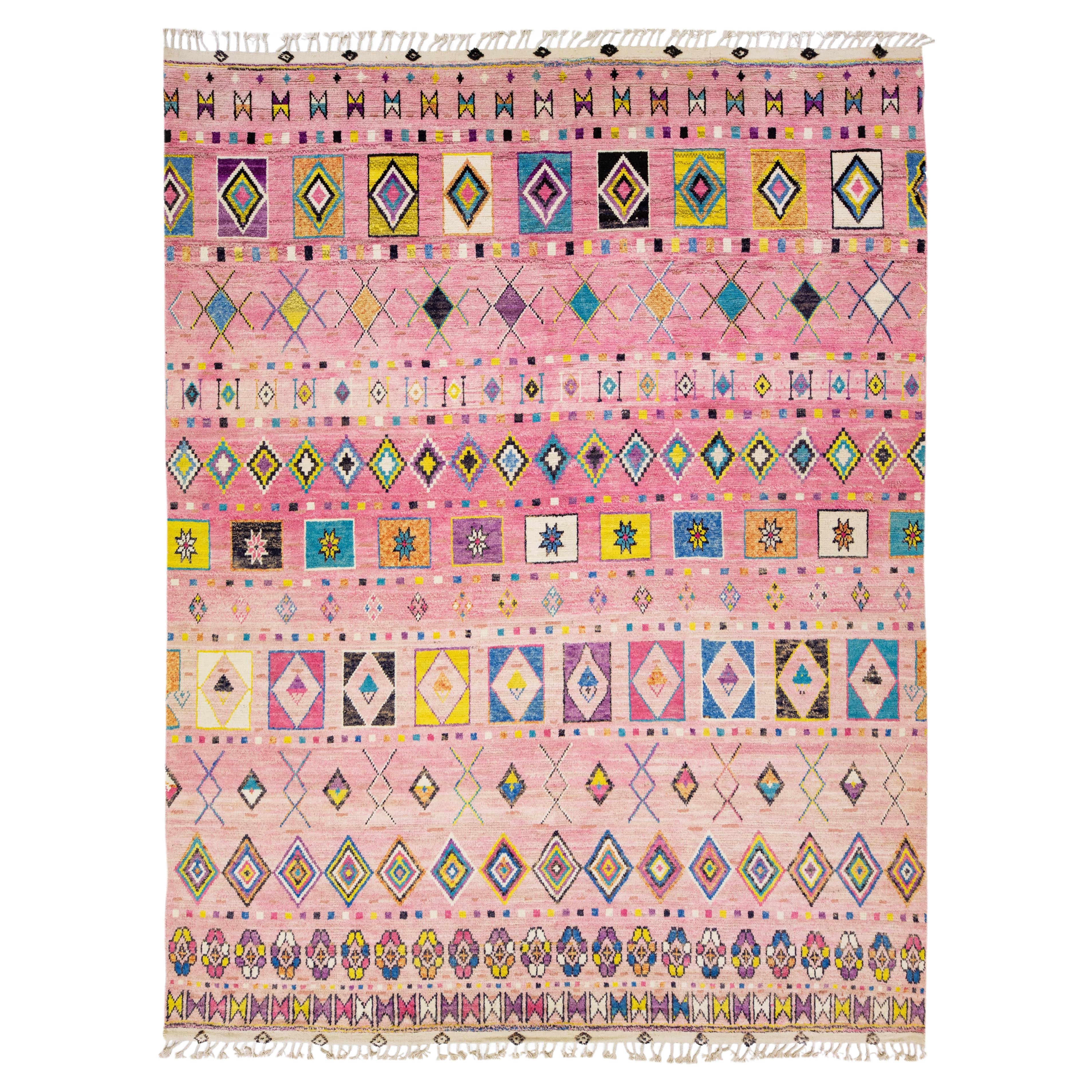 Pink Moroccan Berber Style Handmade Geometric Wool Rug