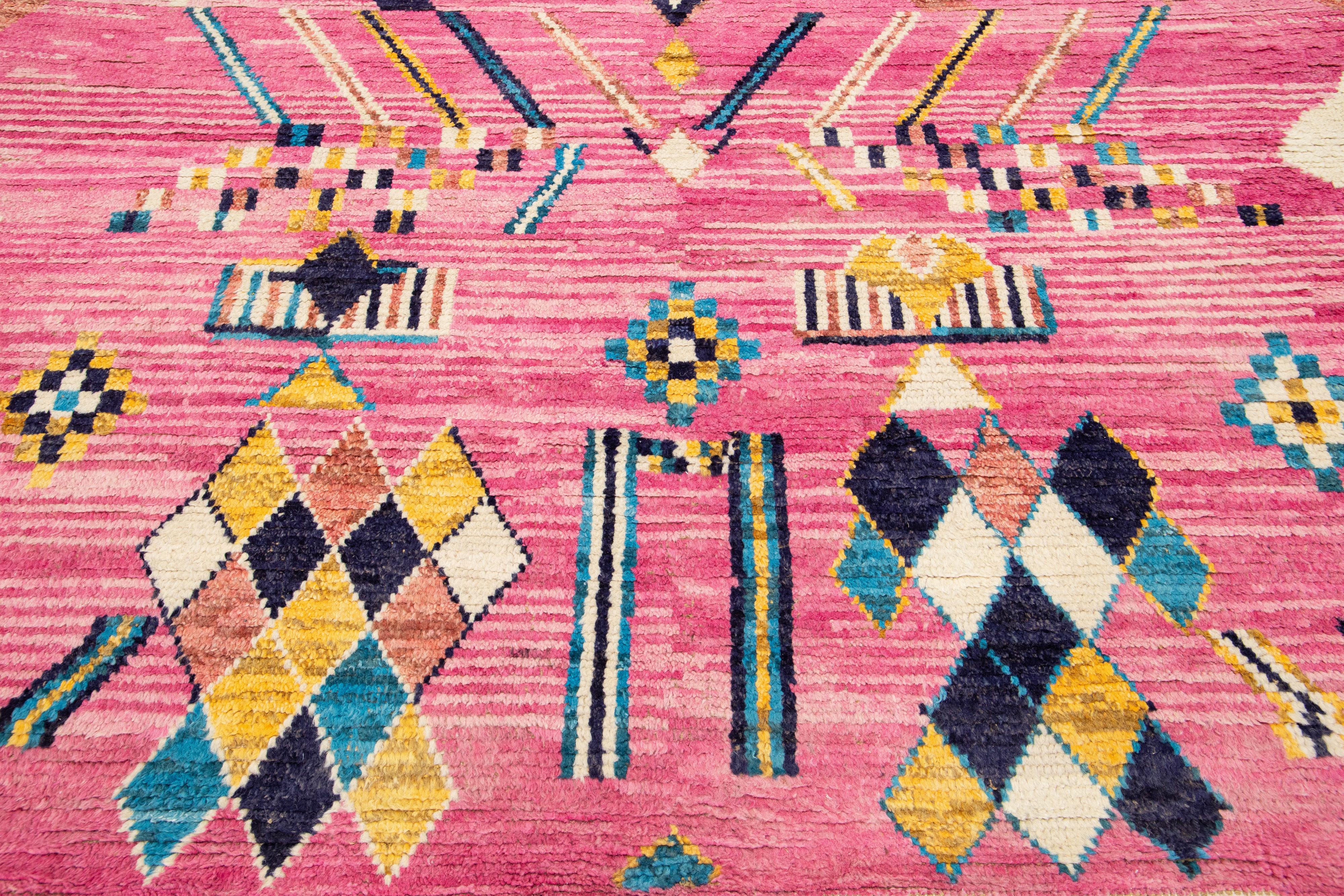 Modern Pink Moroccan Berber Style Handmade Tribal Wool Rug For Sale