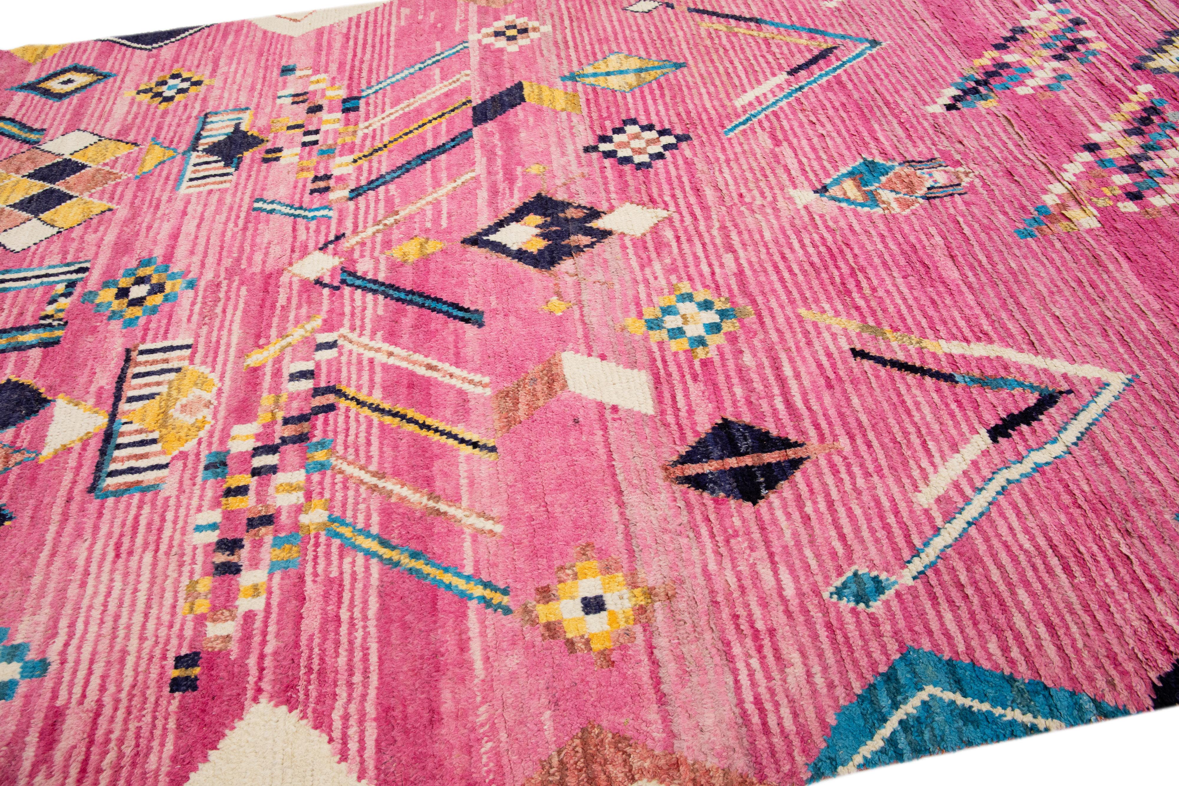 Pakistani Pink Moroccan Berber Style Handmade Tribal Wool Rug For Sale