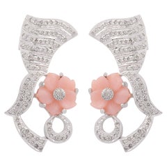 Pink Mother of Pearl Carving Flower Diamond Dangle Earrings Gold Silver Jewelry Pink Mother of Pearl Carving Flower Diamond Dangle Earrings Gold Silver Jewelry