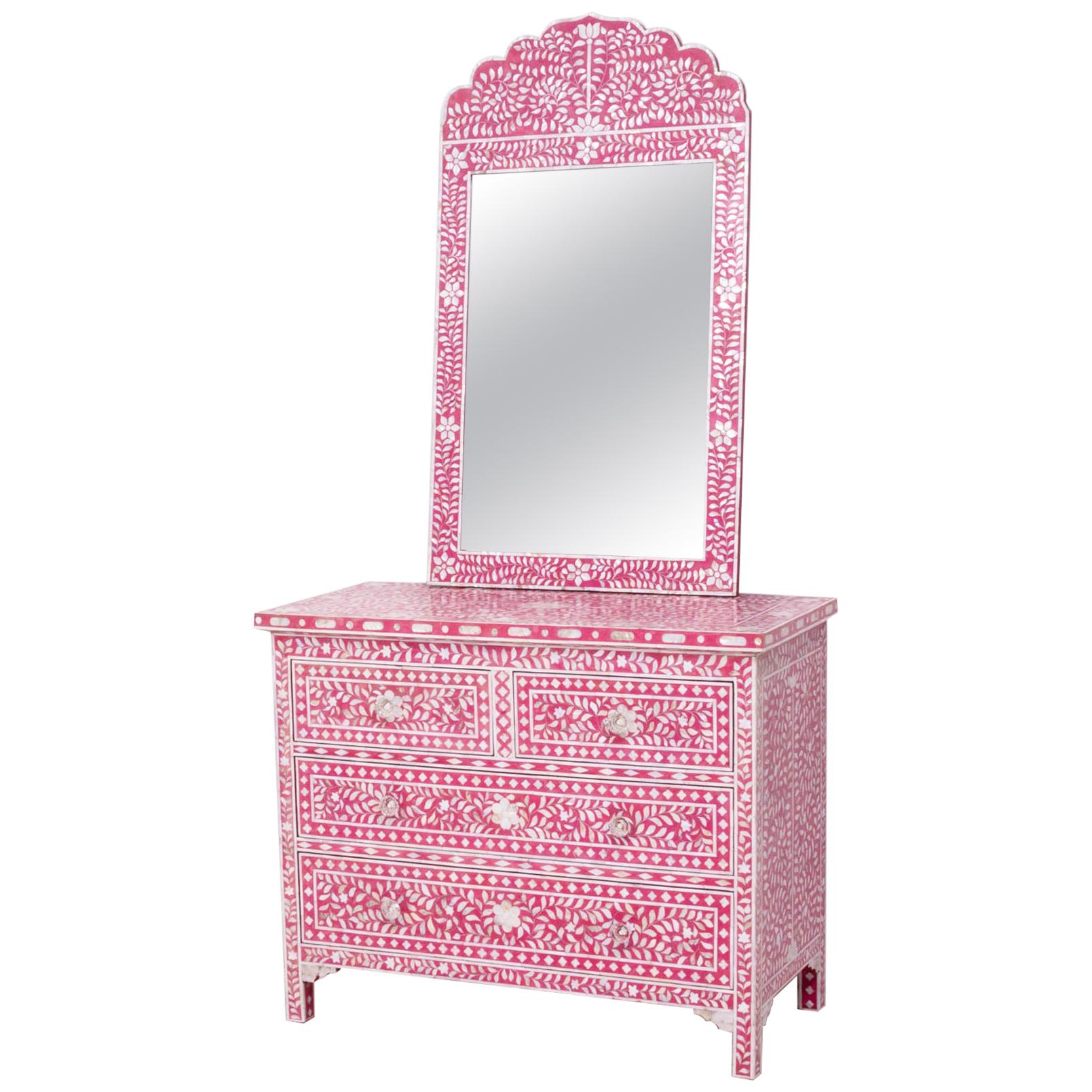 Pink Mother of Pearl Inlay Chest of Drawers and Mirror