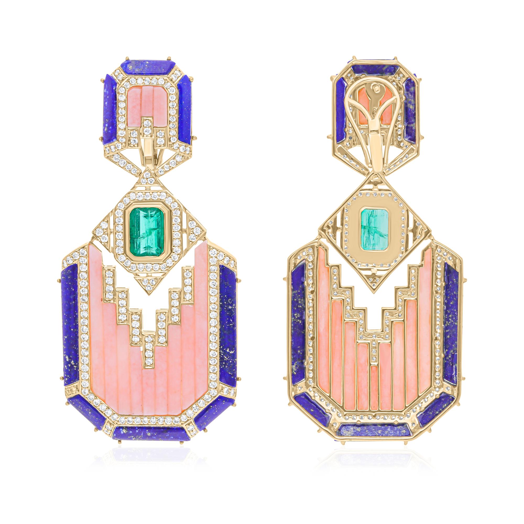 Cast from 14-karat gold, these exquisite earrings are handset with 2.01 carats Zambian emerald, 10.60 carats mother of pearl, 6 carats lapis and 2.05 carats of sparkling diamonds.

FOLLOW SPECTRUM JEWELS storefront to view the latest collection &