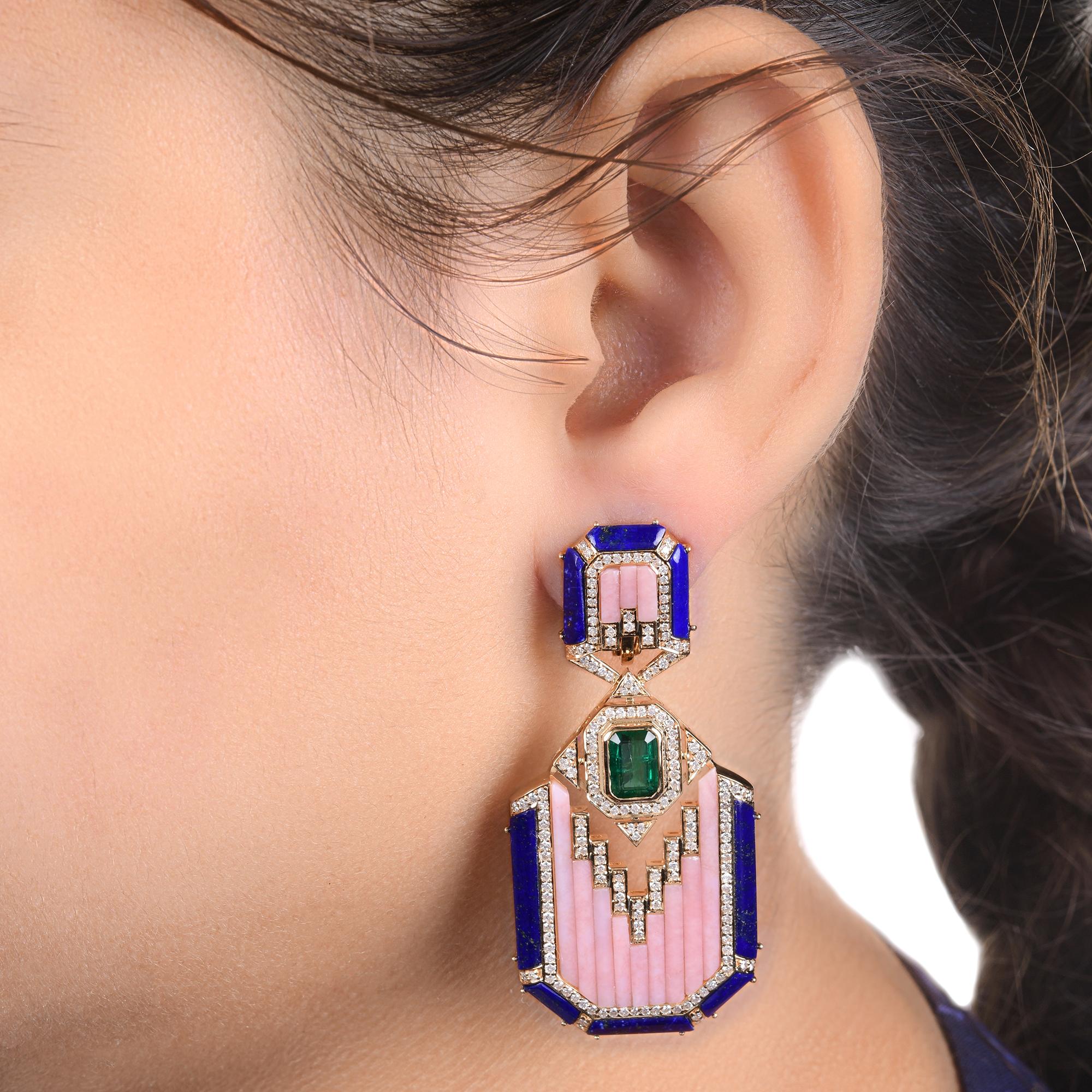 Modern Pink Mother of Pearl Lapis Gemstone Earrings Emerald Diamond 14k Yellow Gold For Sale