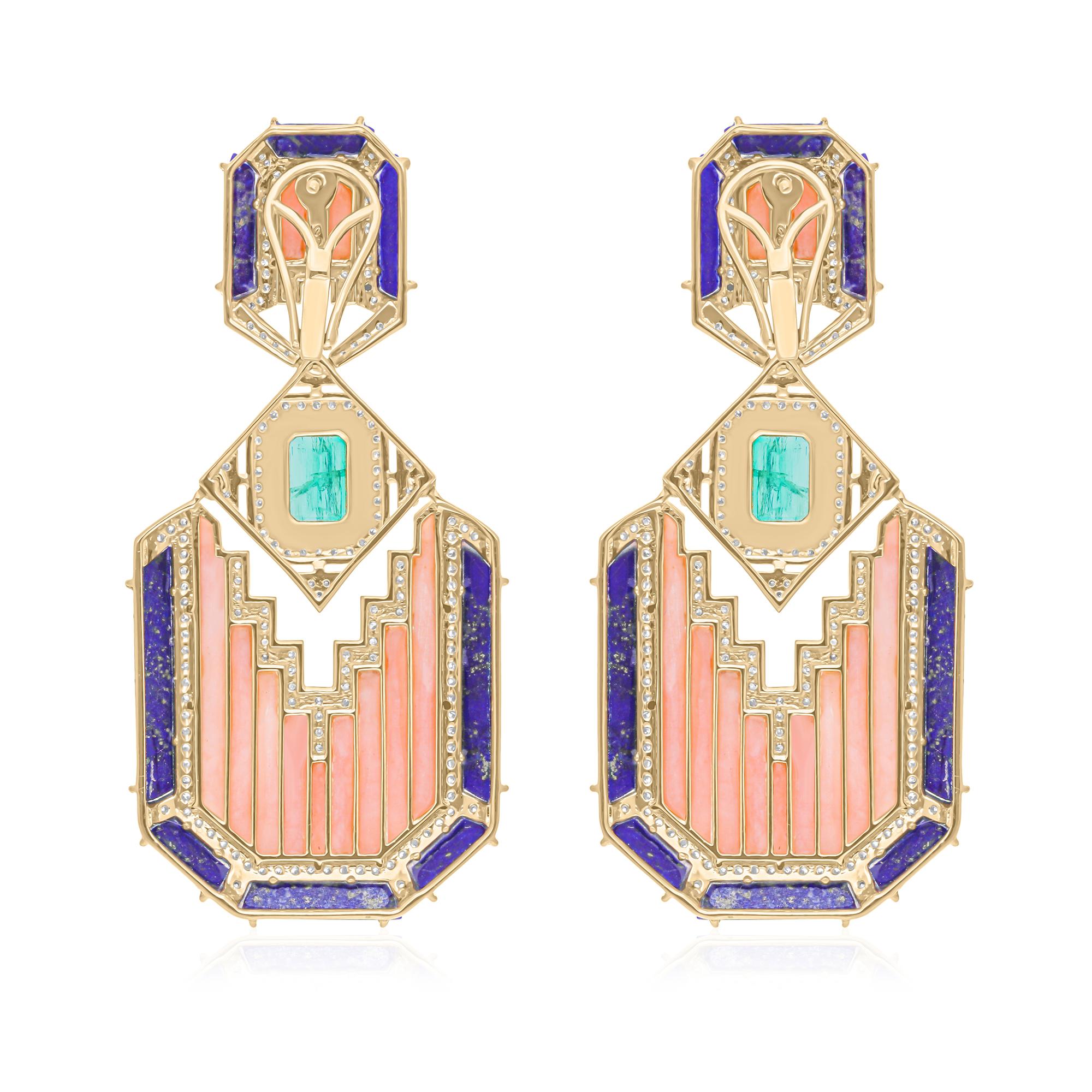 Octagon Cut Pink Mother of Pearl Lapis Gemstone Earrings Emerald Diamond 14k Yellow Gold For Sale