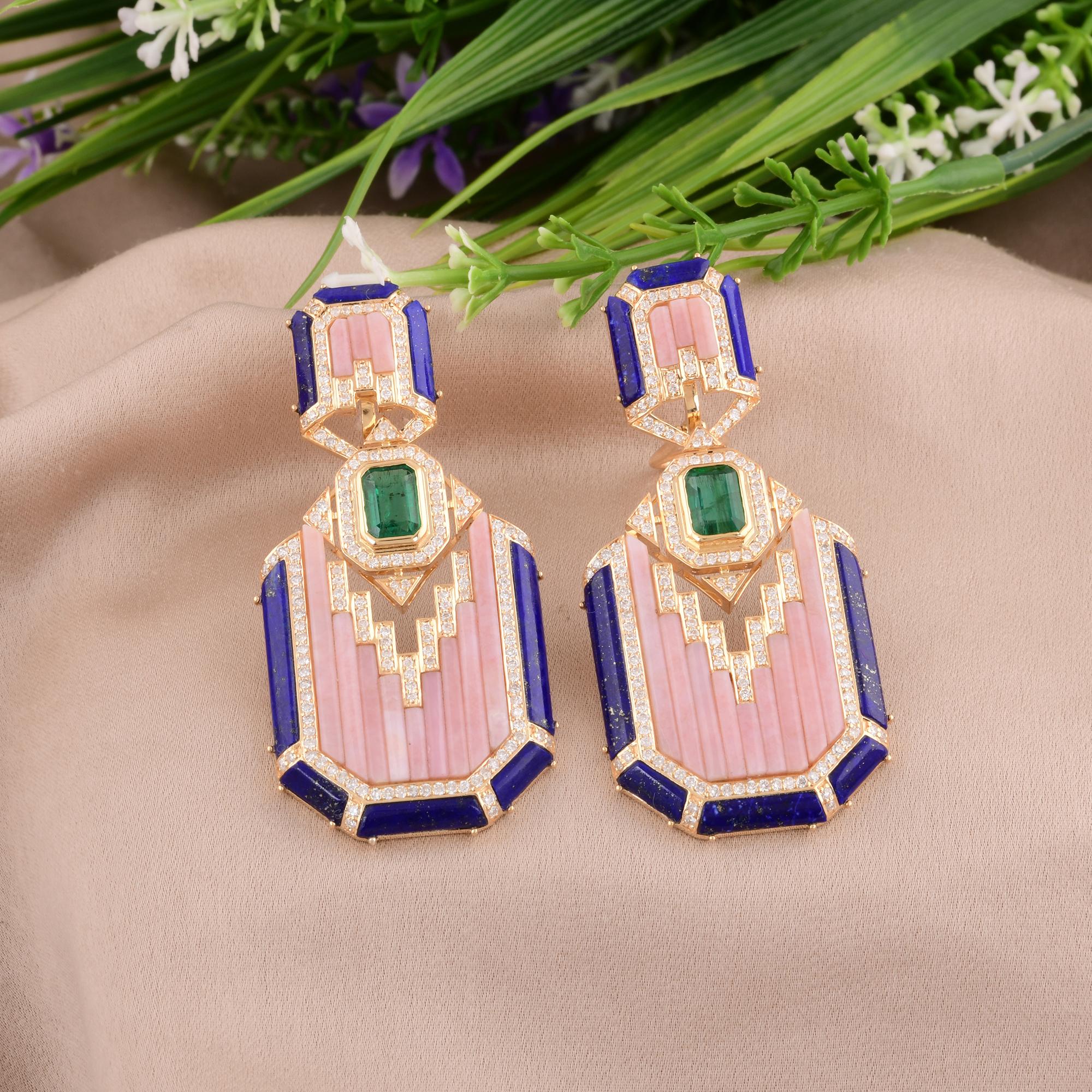 Pink Mother of Pearl Lapis Gemstone Earrings Emerald Diamond 14k Yellow Gold In New Condition For Sale In Diera, Dubai