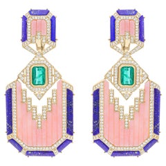 Pendientes de Lapislázuli Rosa Madreperla Diamante Esmeralda Oro Amarillo 14k