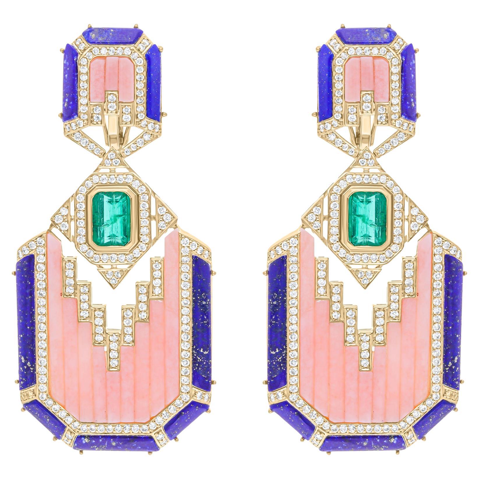 Pink Mother of Pearl Lapis Gemstone Earrings Emerald Diamond 18k Yellow Gold For Sale
