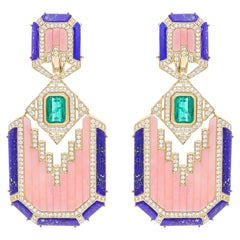 Ohrringe aus rosa Perlmutt und Lapislazuli mit Edelsteinen, Smaragd, Diamant, 18 Karat Gelbgold