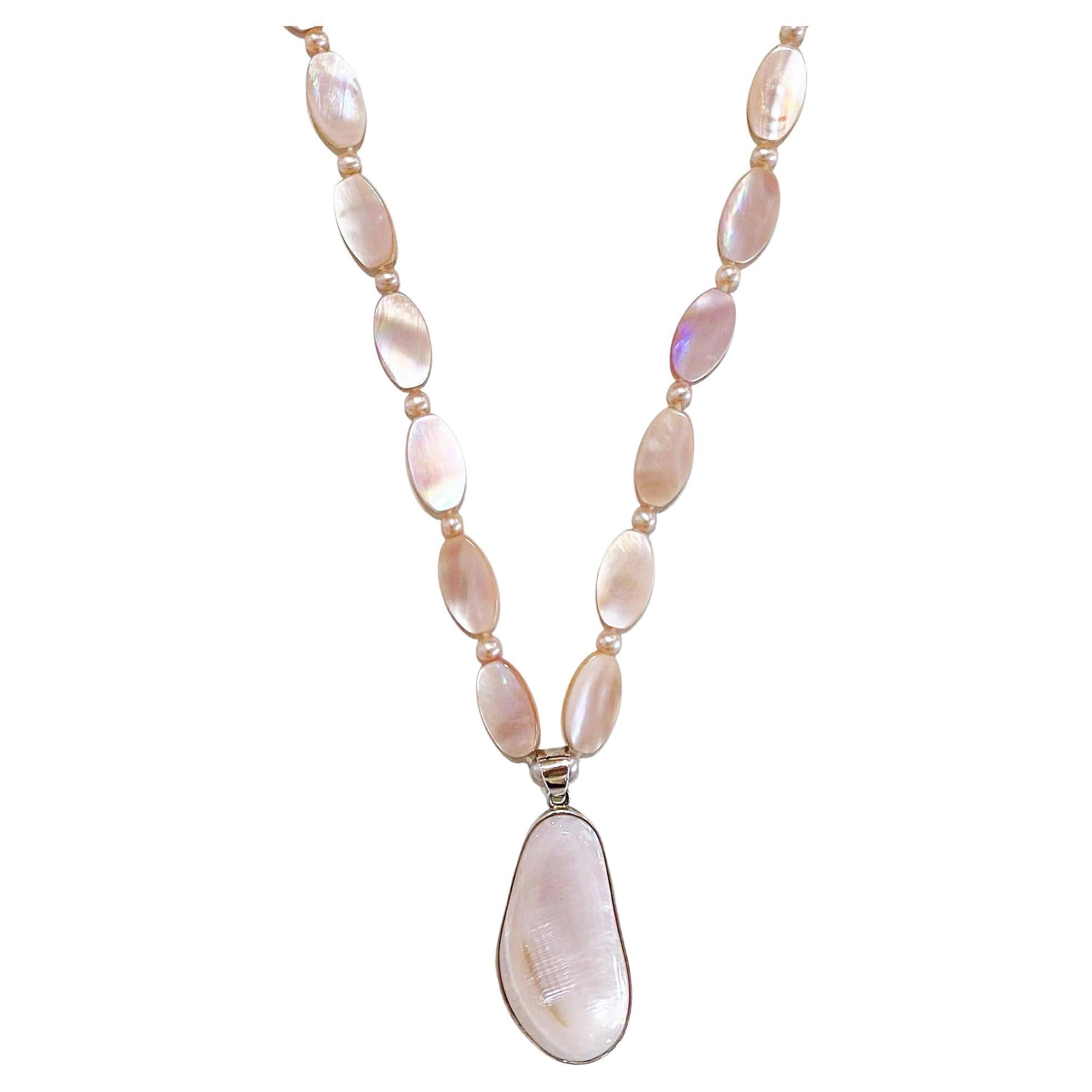 Pink Mother-of-Pearl Necklace with Mother-of-Pearl Fashion Pendant 22 In Long For Sale