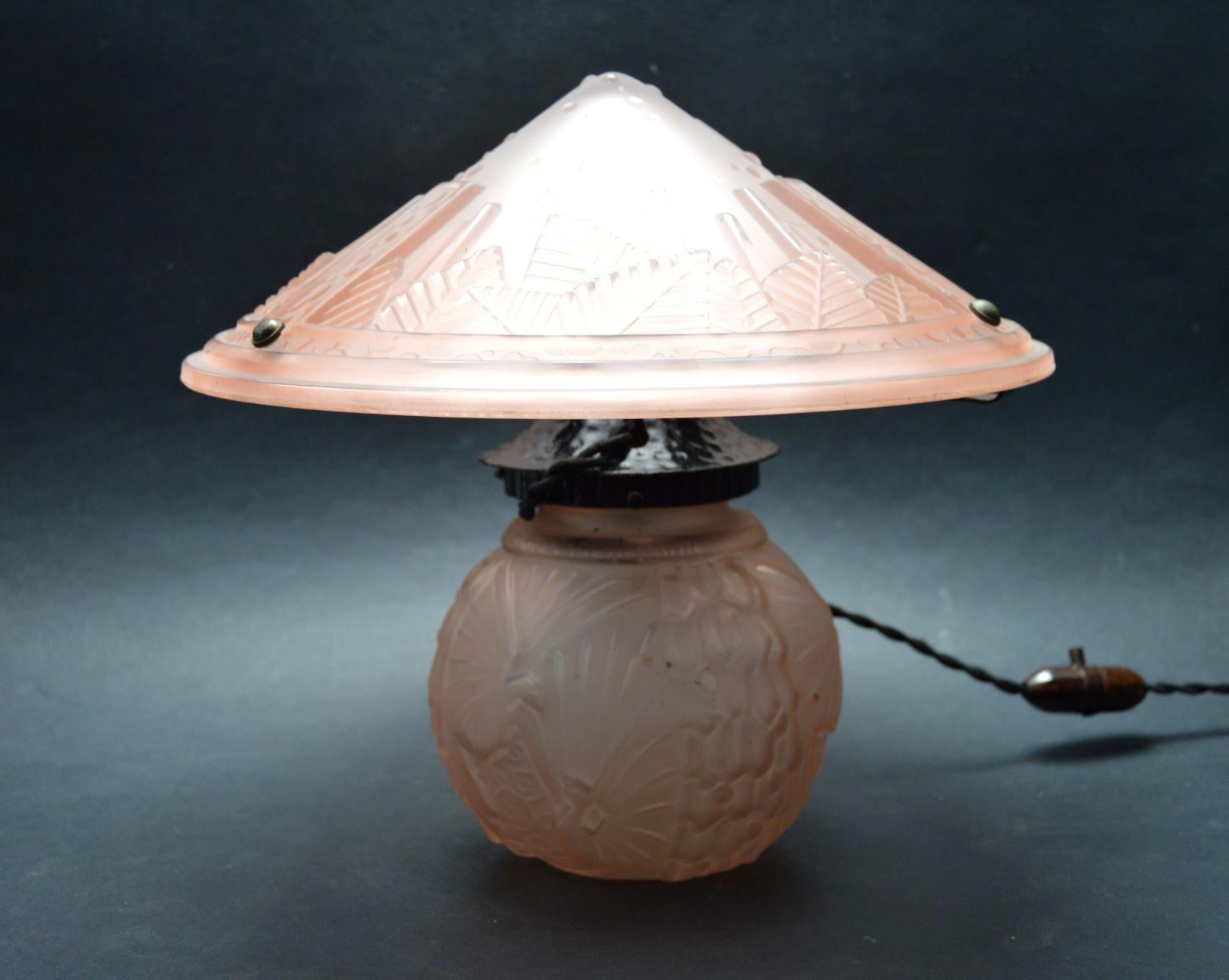 Pink Muller Freres Luneville 2 Piece Mushroom Salmon Color Glass Lamp 1