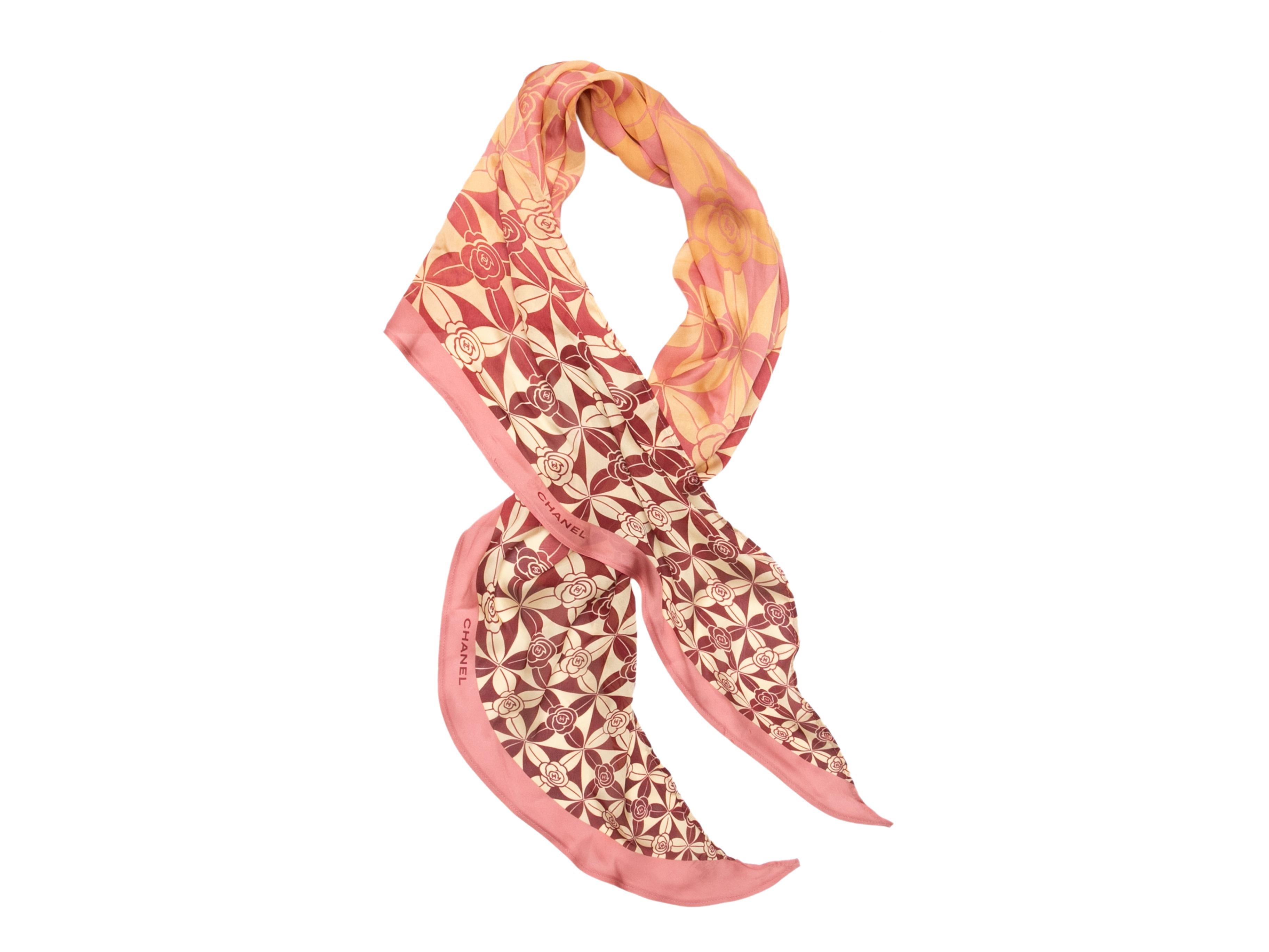 Orange Pink & Multicolor Chanel Camellia Print Silk Scarf