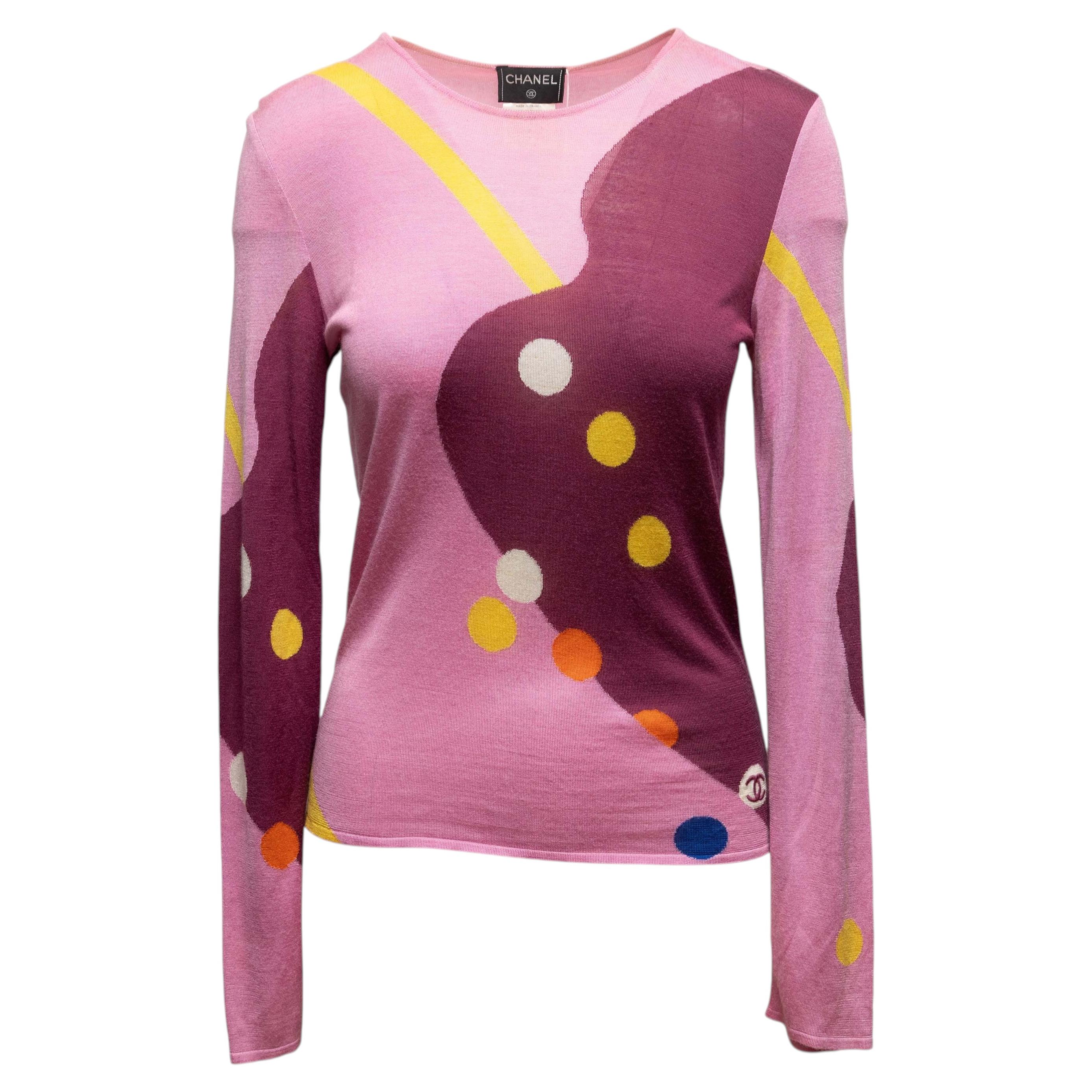 Pink & Multicolor Chanel Intarsia Abstract Patterned Sweater Size FR 38