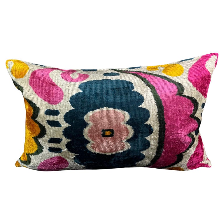 Pink Multicolor Design Velvet Silk Ikat Pillow Cover For Sale at 1stDibs