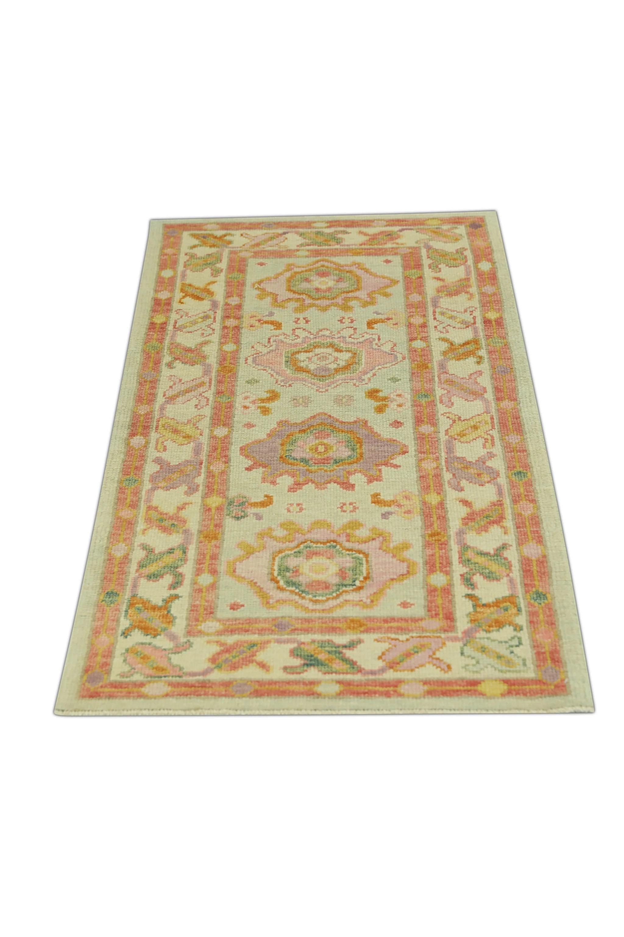 Contemporary Pink Multicolor Handwoven Wool Turkish Oushak Rug 2'9