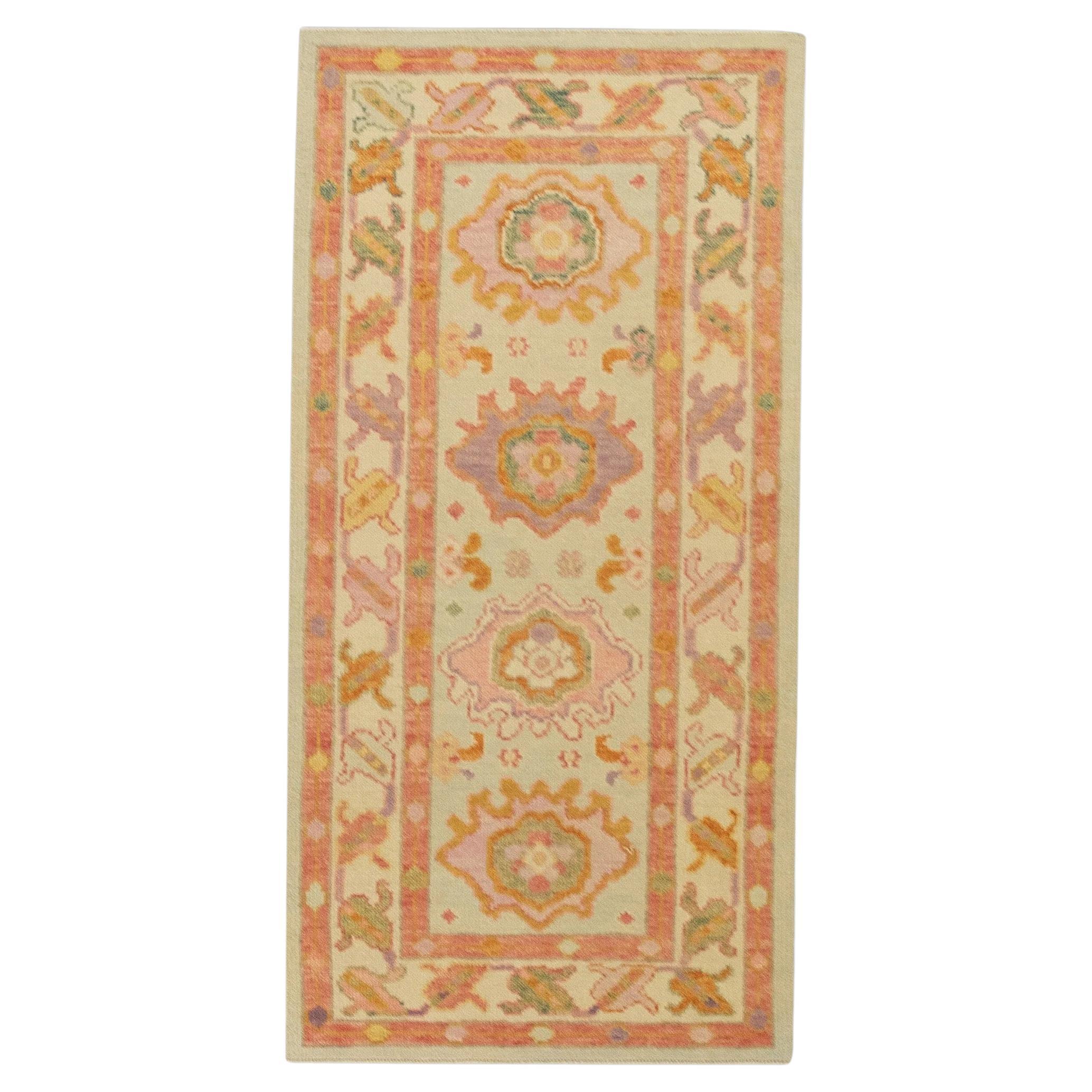 Pink Multicolor Handwoven Wool Turkish Oushak Rug 2'9" x 5'7" For Sale
