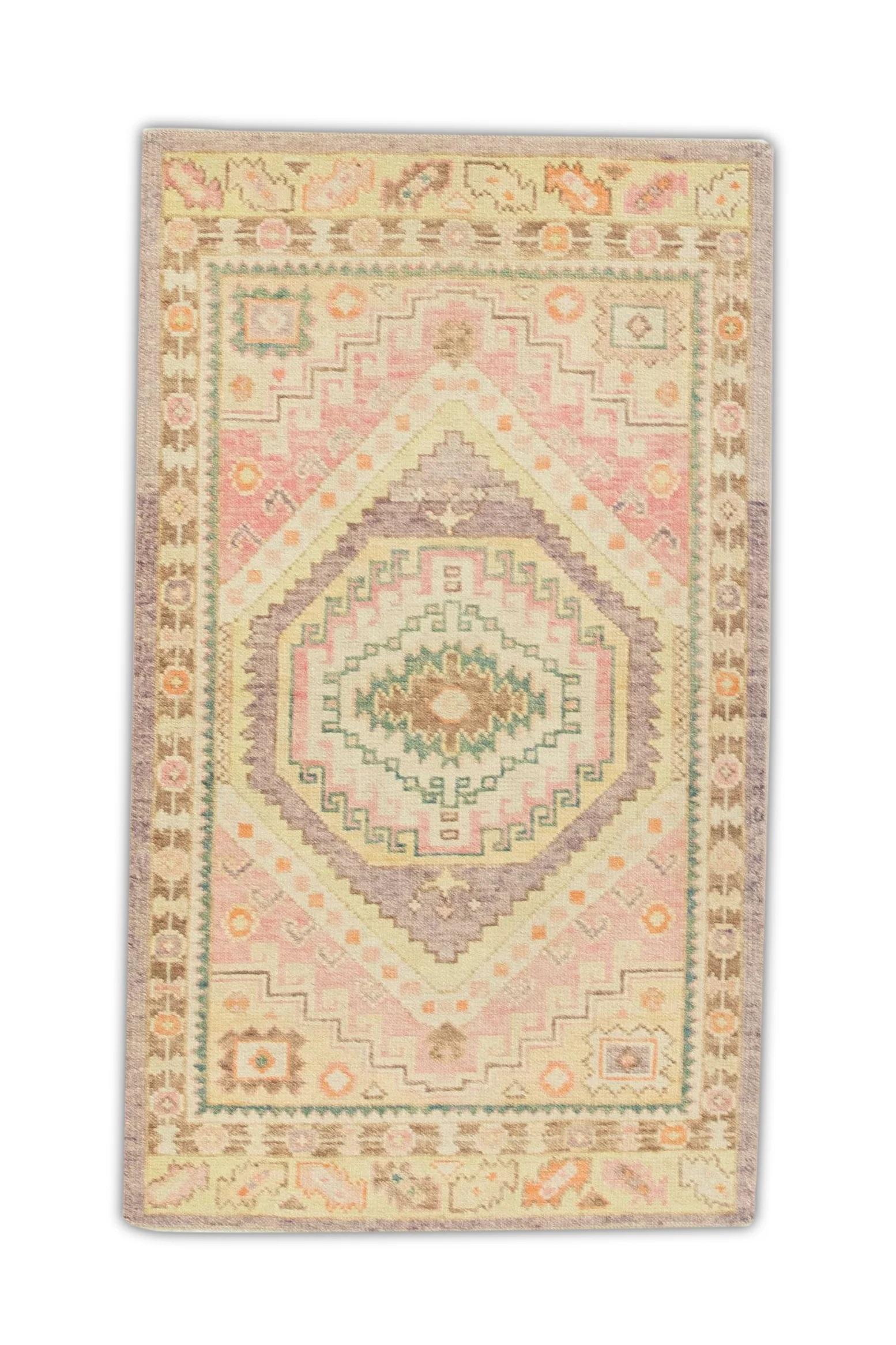 Contemporary Pink Multicolor Handwoven Wool Turkish Oushak Rug 3'2