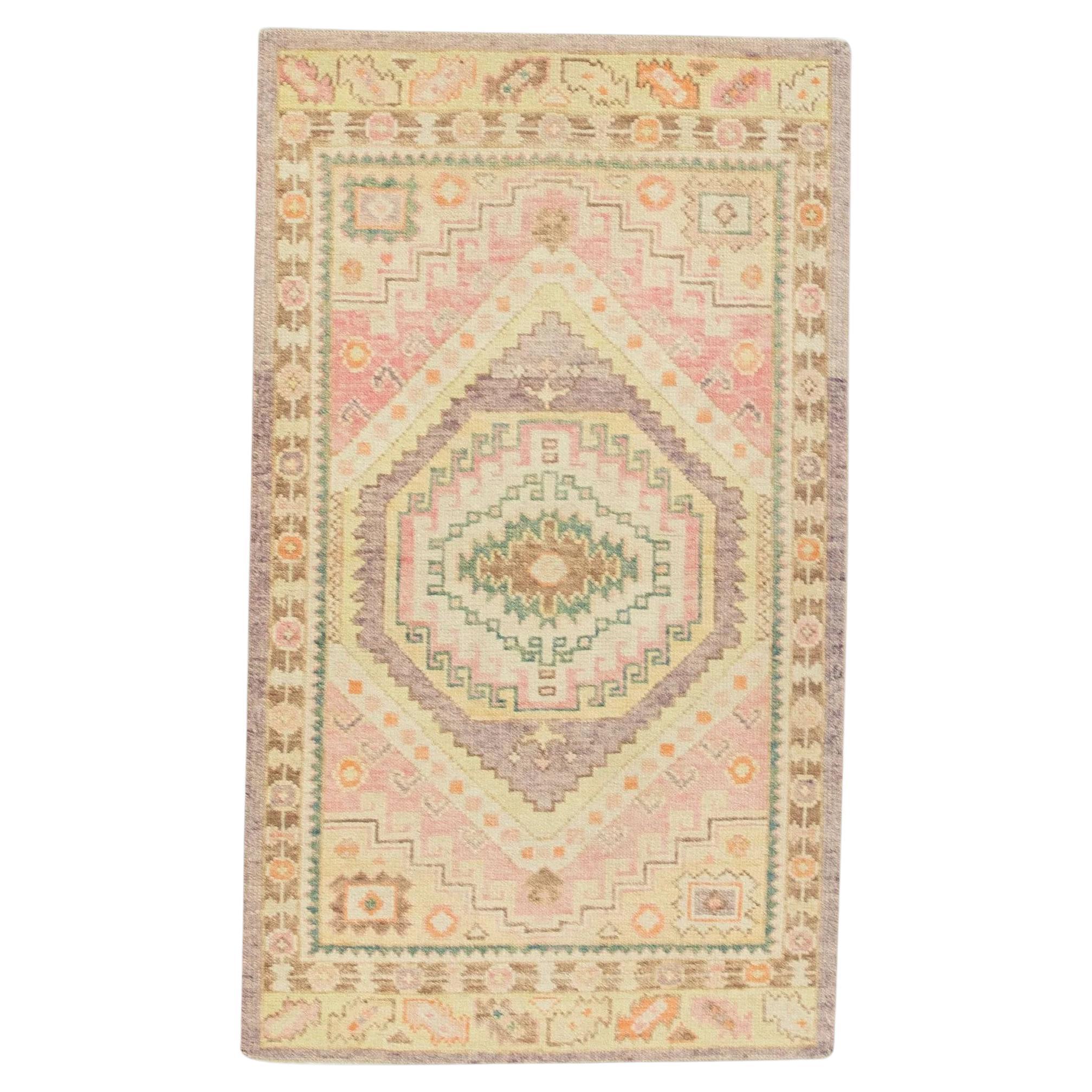 Pink Multicolor Handwoven Wool Turkish Oushak Rug 3'2" x 5'5" For Sale