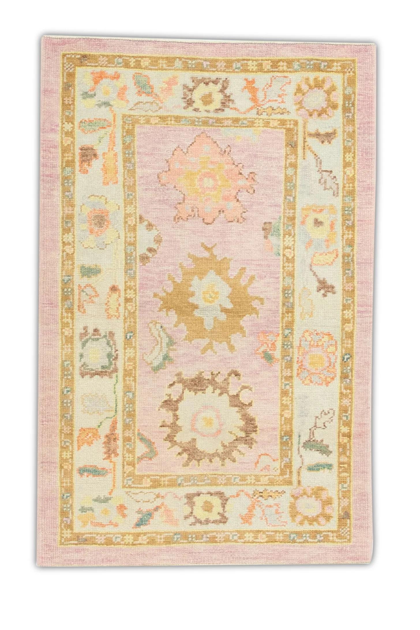 Contemporary Pink Multicolor Handwoven Wool Turkish Oushak Rug 3'4