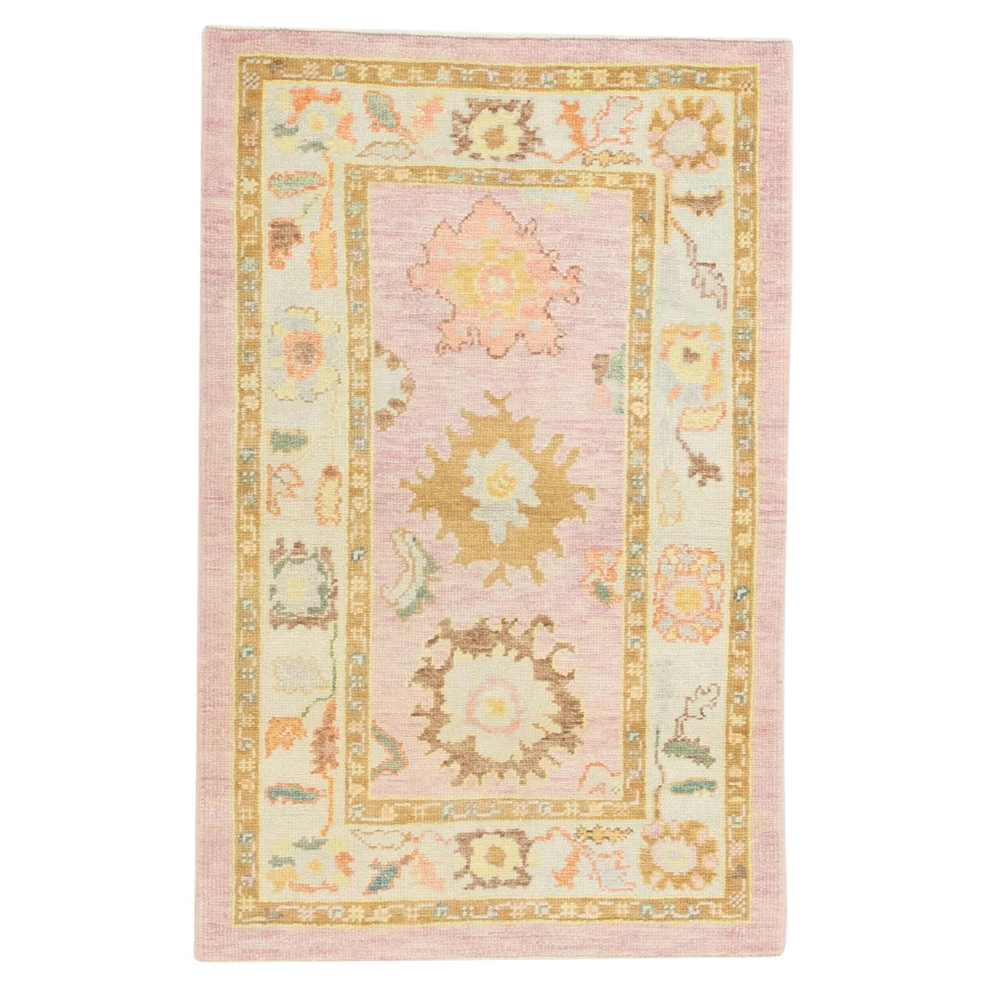 Pink Multicolor Handwoven Wool Turkish Oushak Rug 3'4" x 5'1" For Sale