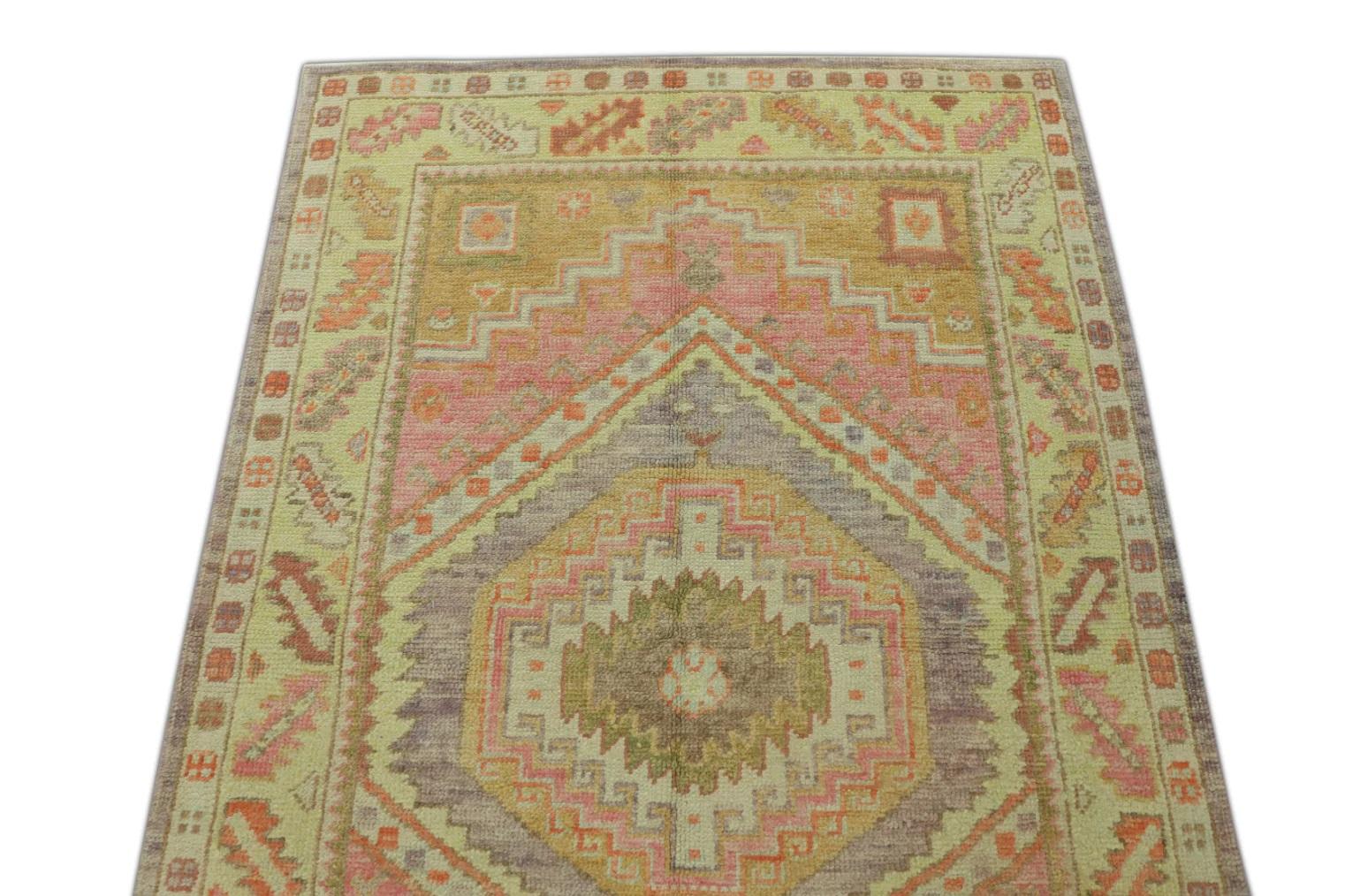 Vegetable Dyed Pink Multicolor Handwoven Wool Turkish Oushak Rug 4' x 6' For Sale