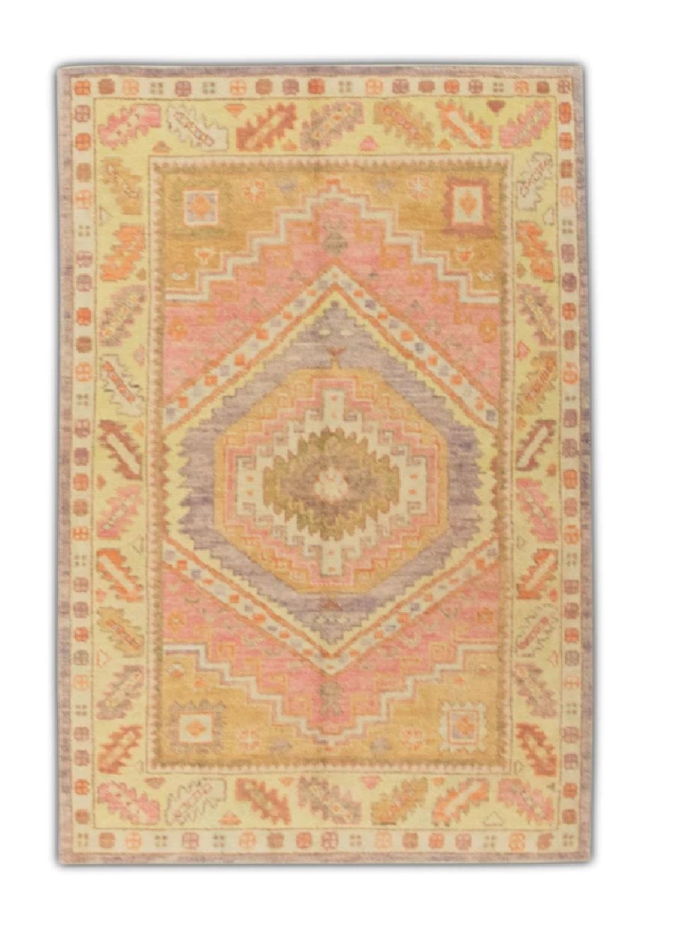 Contemporary Pink Multicolor Handwoven Wool Turkish Oushak Rug 4' x 6' For Sale