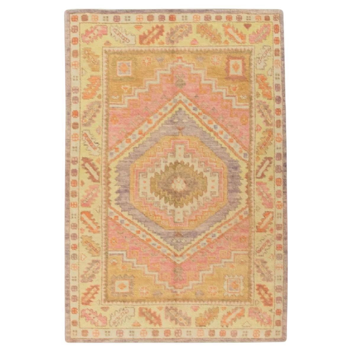 Pink Multicolor Handwoven Wool Turkish Oushak Rug 4' x 6' For Sale