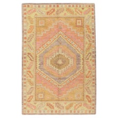 Pink Multicolor Handwoven Wool Turkish Oushak Rug 4' x 6'