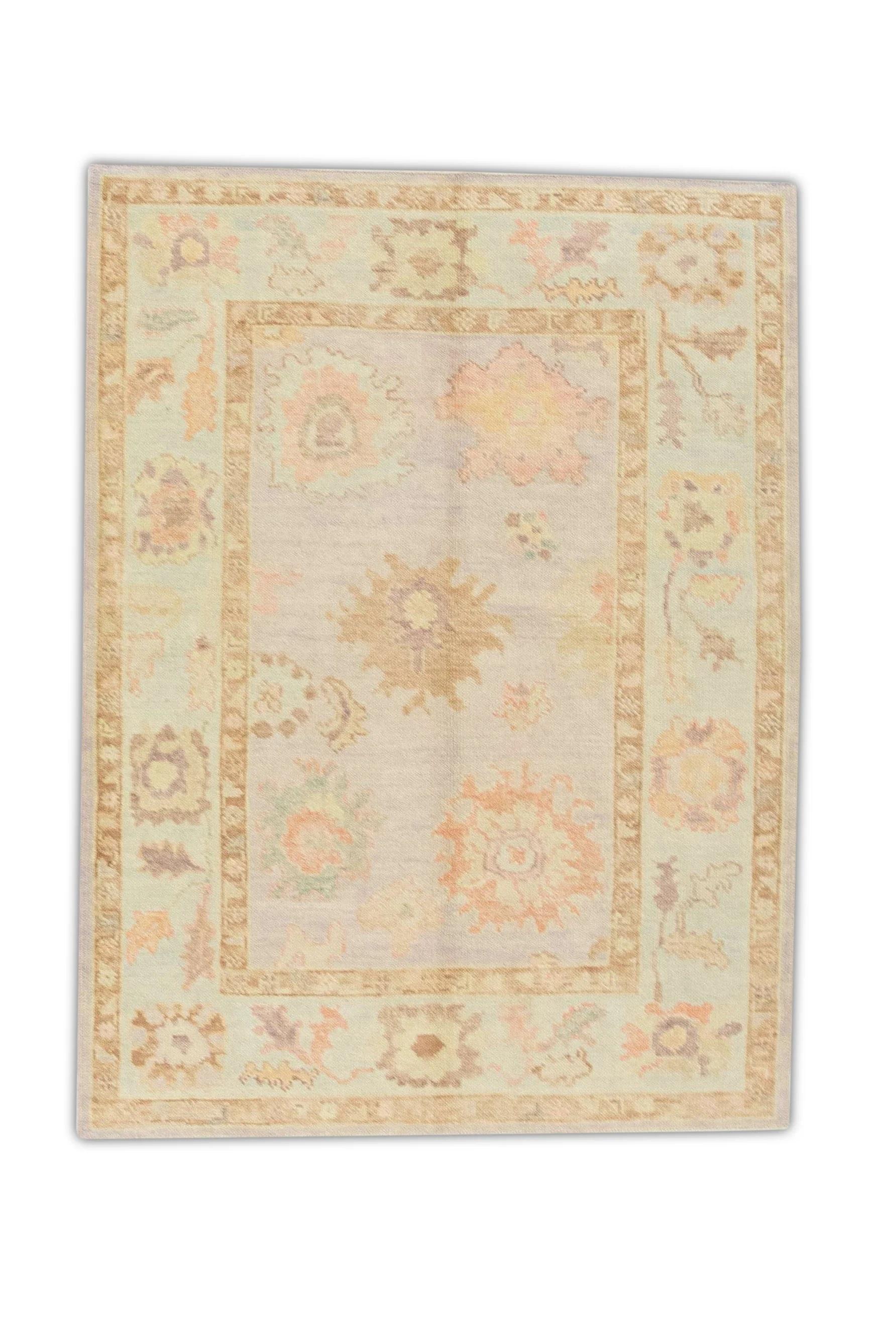 Contemporary Pink Multicolor Handwoven Wool Turkish Oushak Rug 4'3
