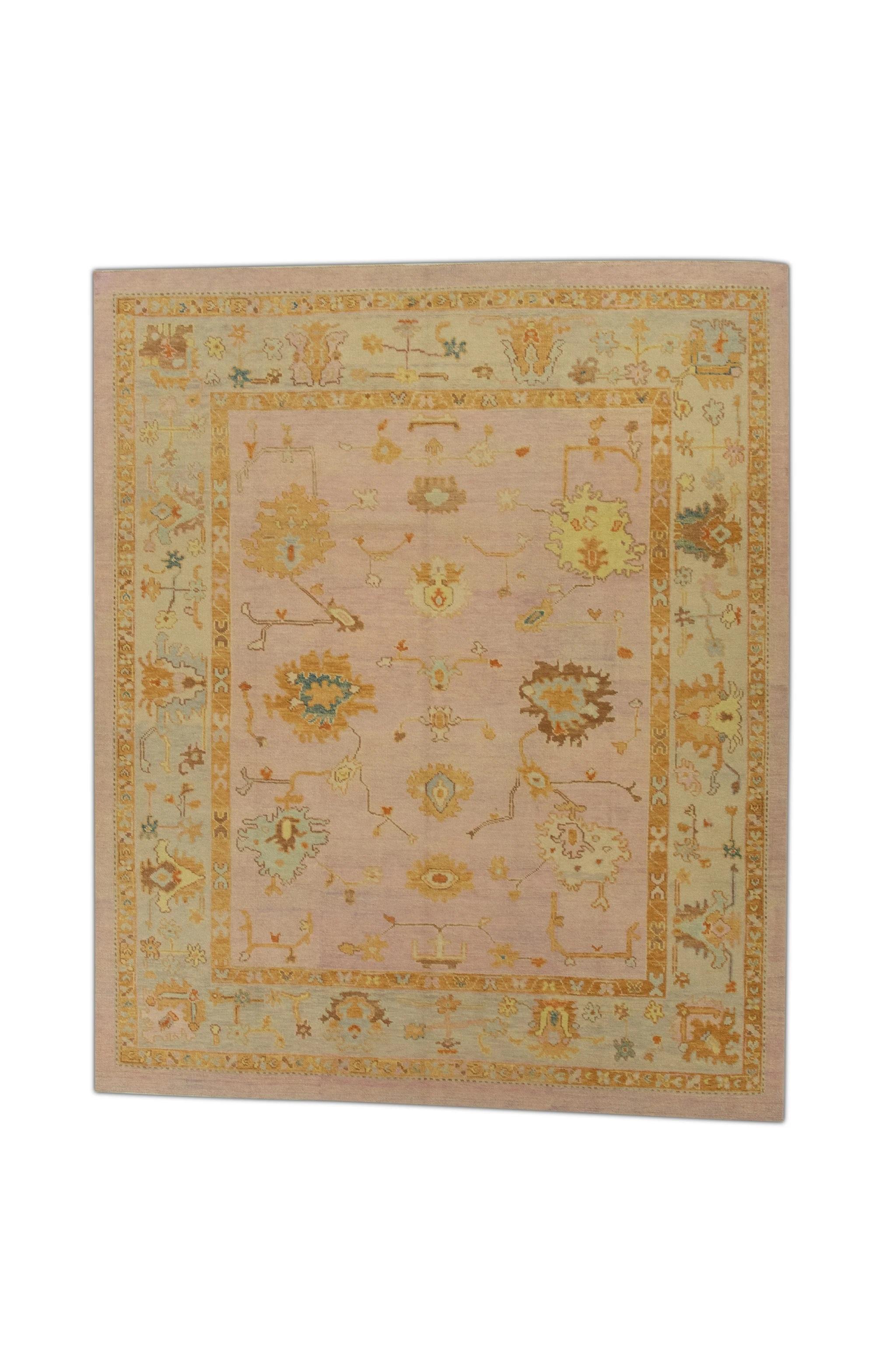 Contemporary Pink Multicolor Handwoven Wool Turkish Oushak Rug 8'2