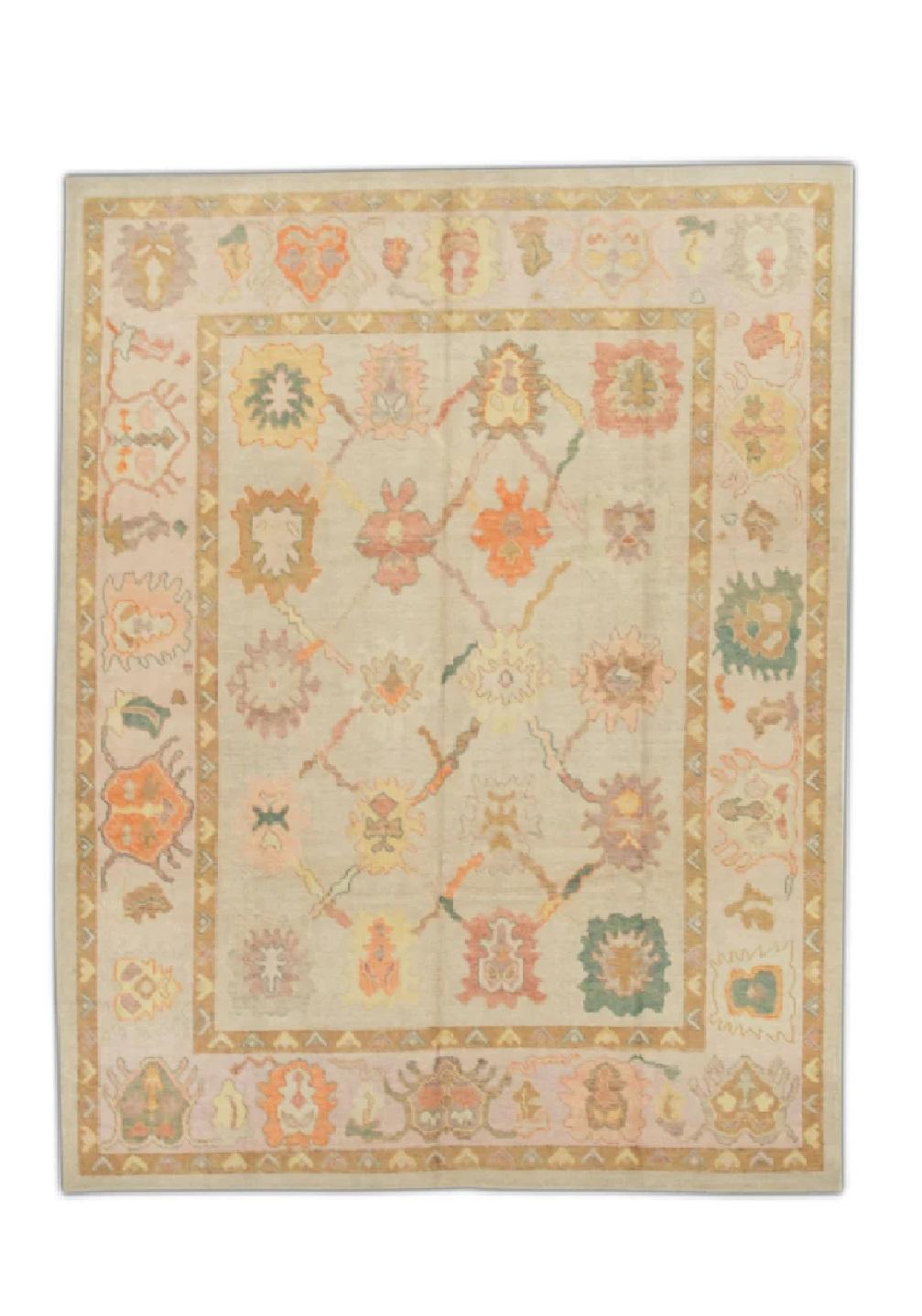 Pink Multicolor Handwoven Wool Turkish Oushak Rug 8'6" x 10'3""