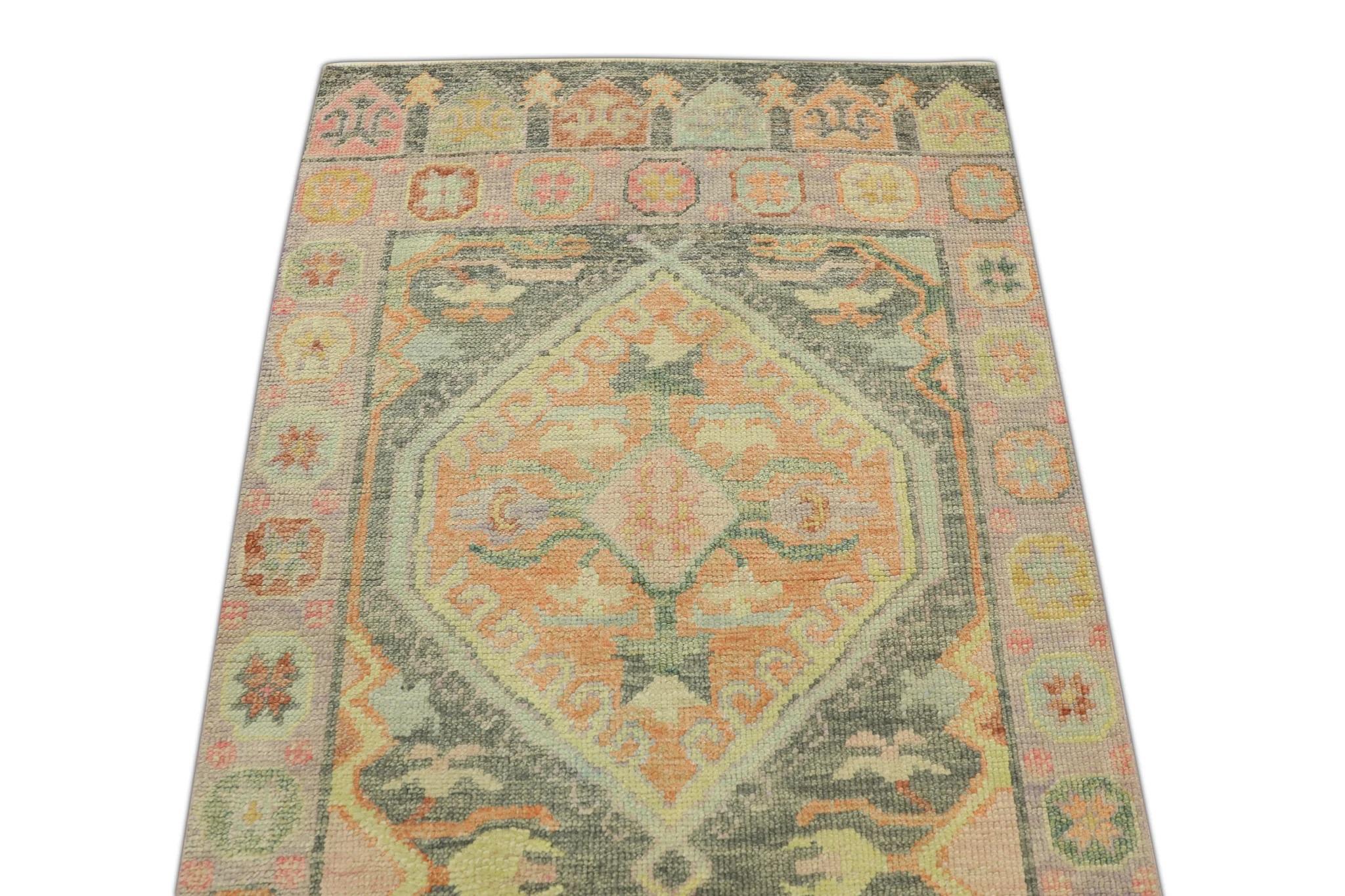 Modern Pink Multicolor Handwoven Wool Turkish Oushak Runner 2'11