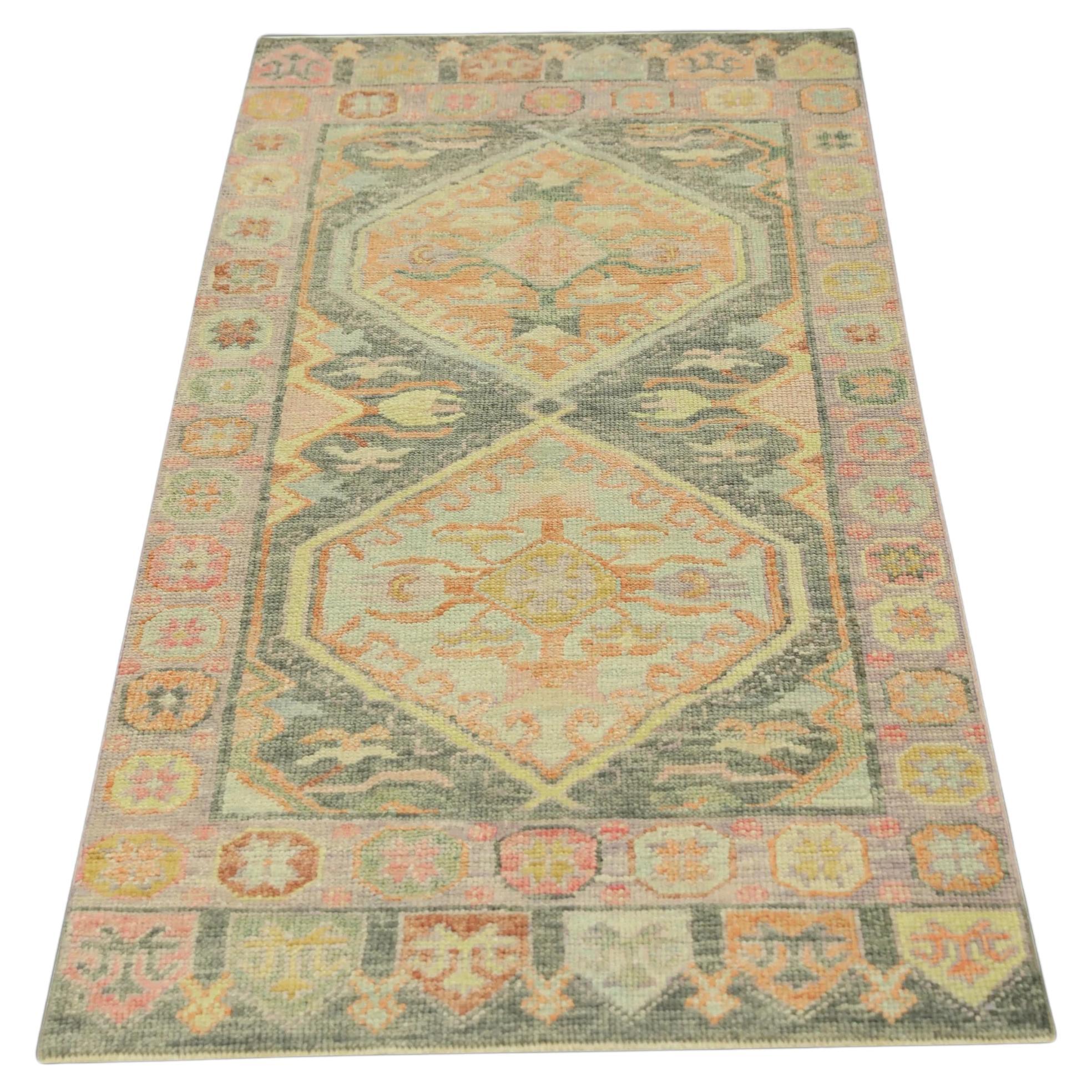 Pink Multicolor Handwoven Wool Turkish Oushak Runner 2'11" x 6'5" For Sale