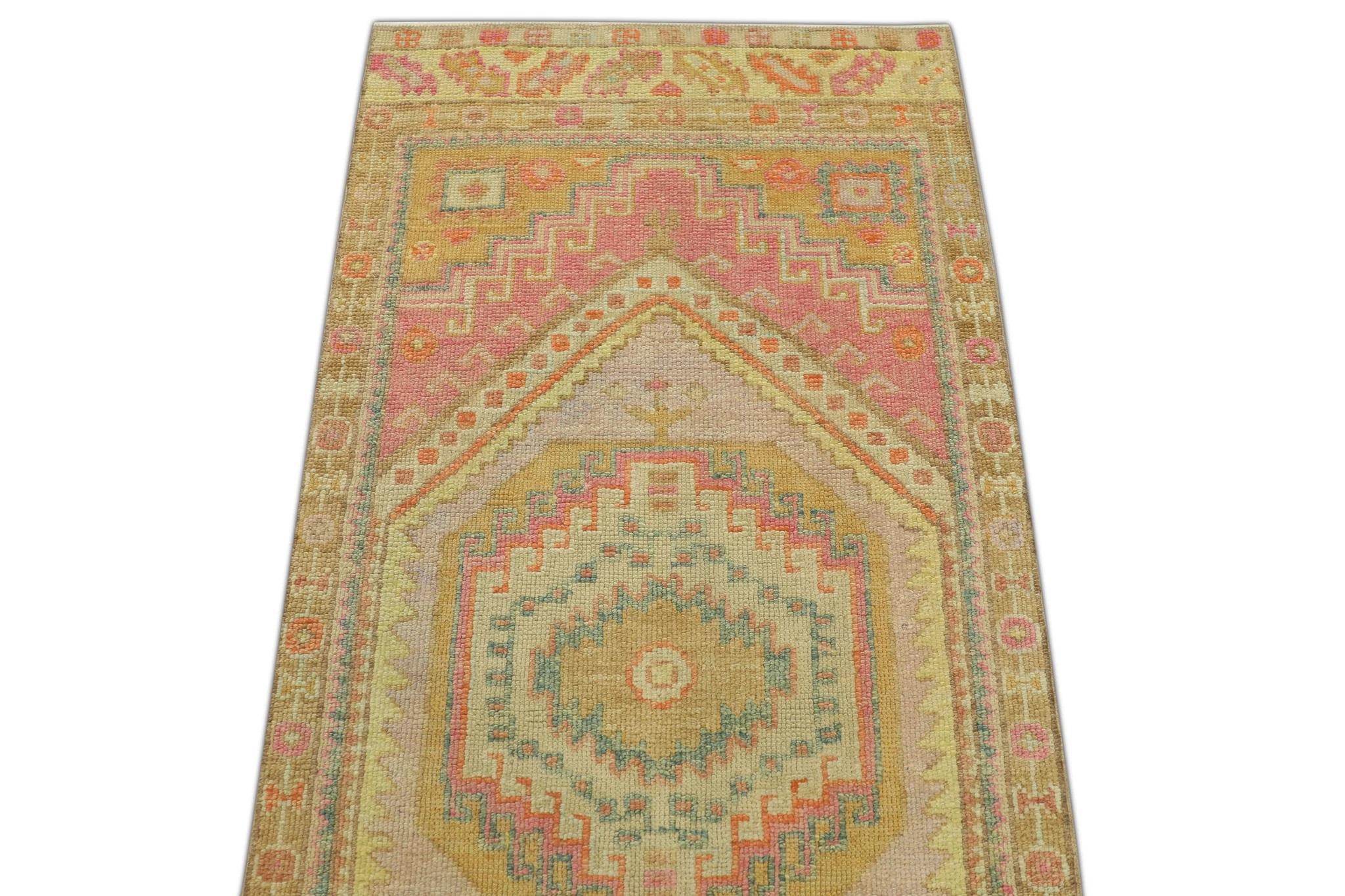 Modern Pink Multicolor Handwoven Wool Turkish Oushak Runner 2'11