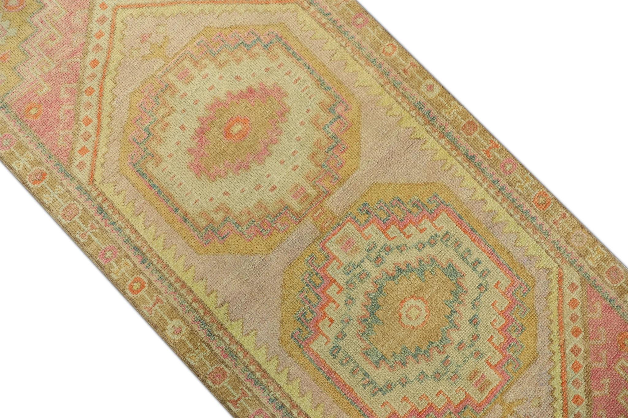 Vegetable Dyed Pink Multicolor Handwoven Wool Turkish Oushak Runner 2'11