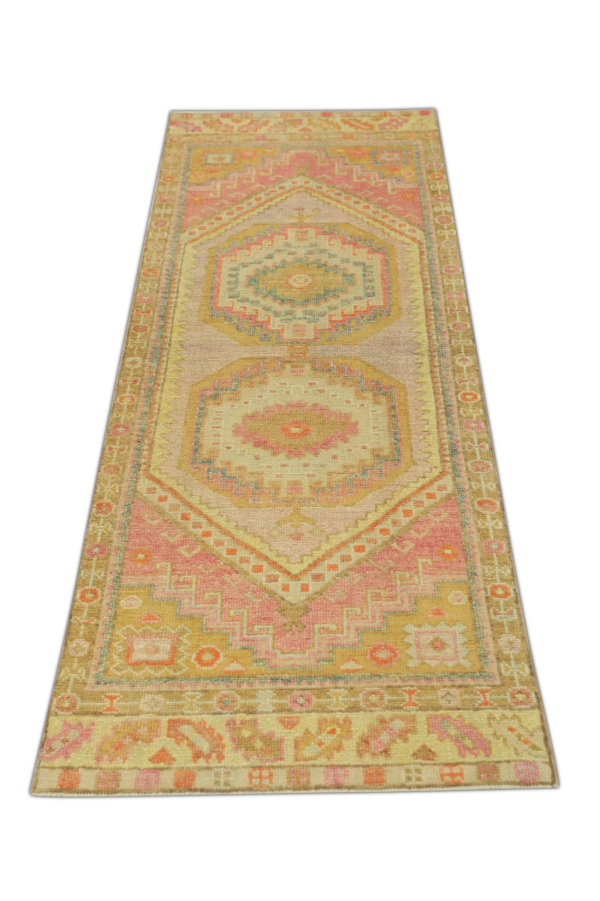 Pink Multicolor Handwoven Wool Turkish Oushak Runner 2'11