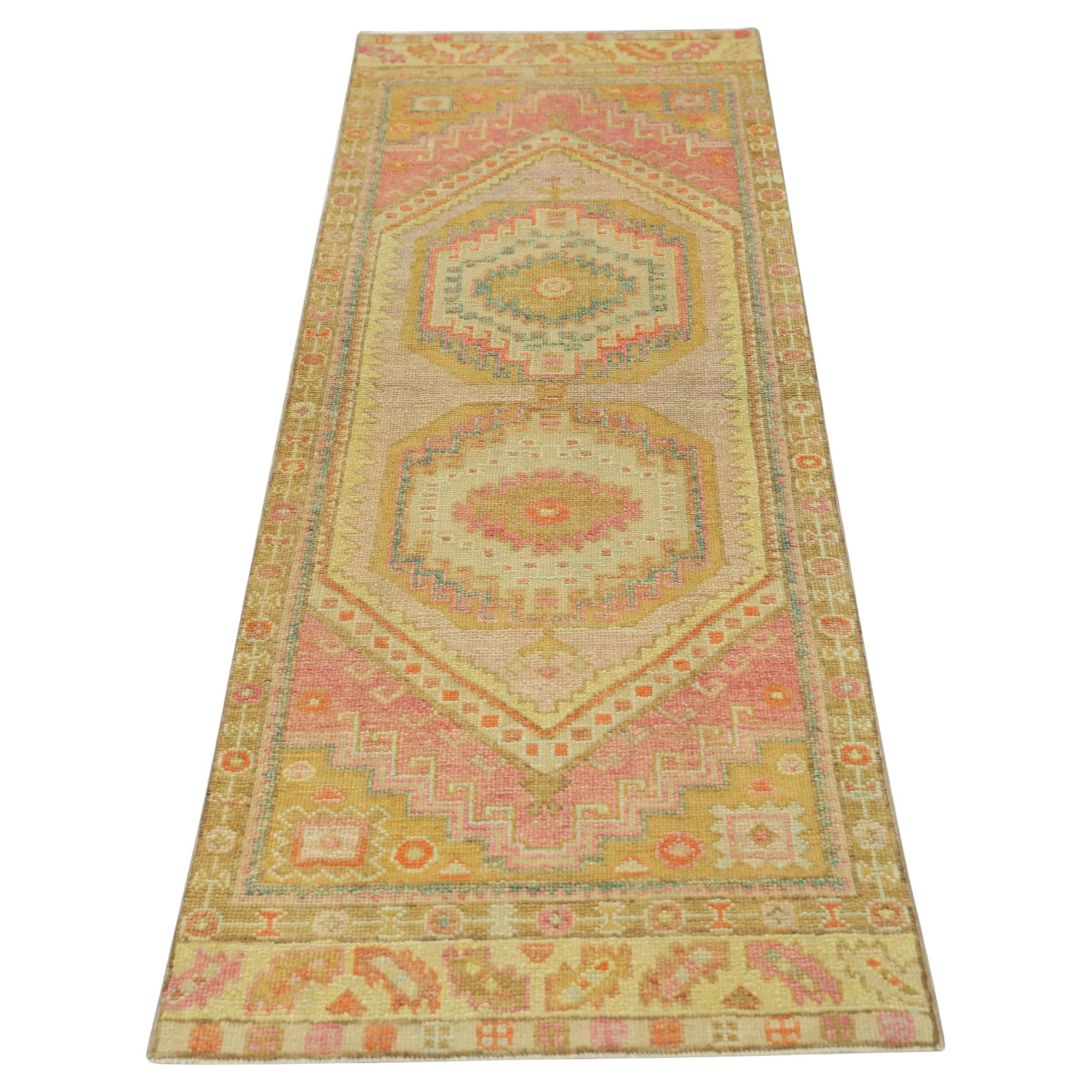 Pink Multicolor Handwoven Wool Turkish Oushak Runner 2'11" x 7'11" For Sale
