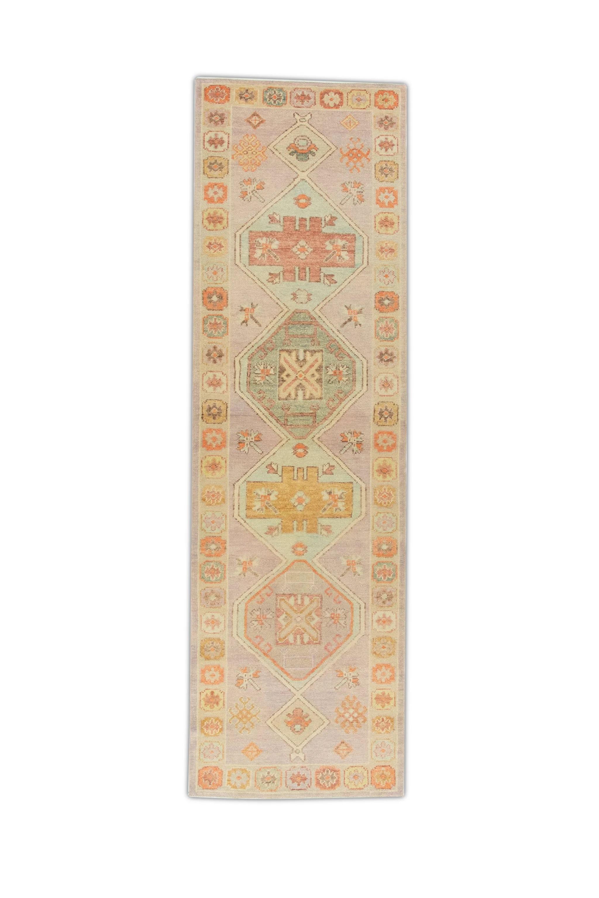 Contemporary Pink Multicolor Handwoven Wool Turkish Oushak Runner 3' x 10' For Sale