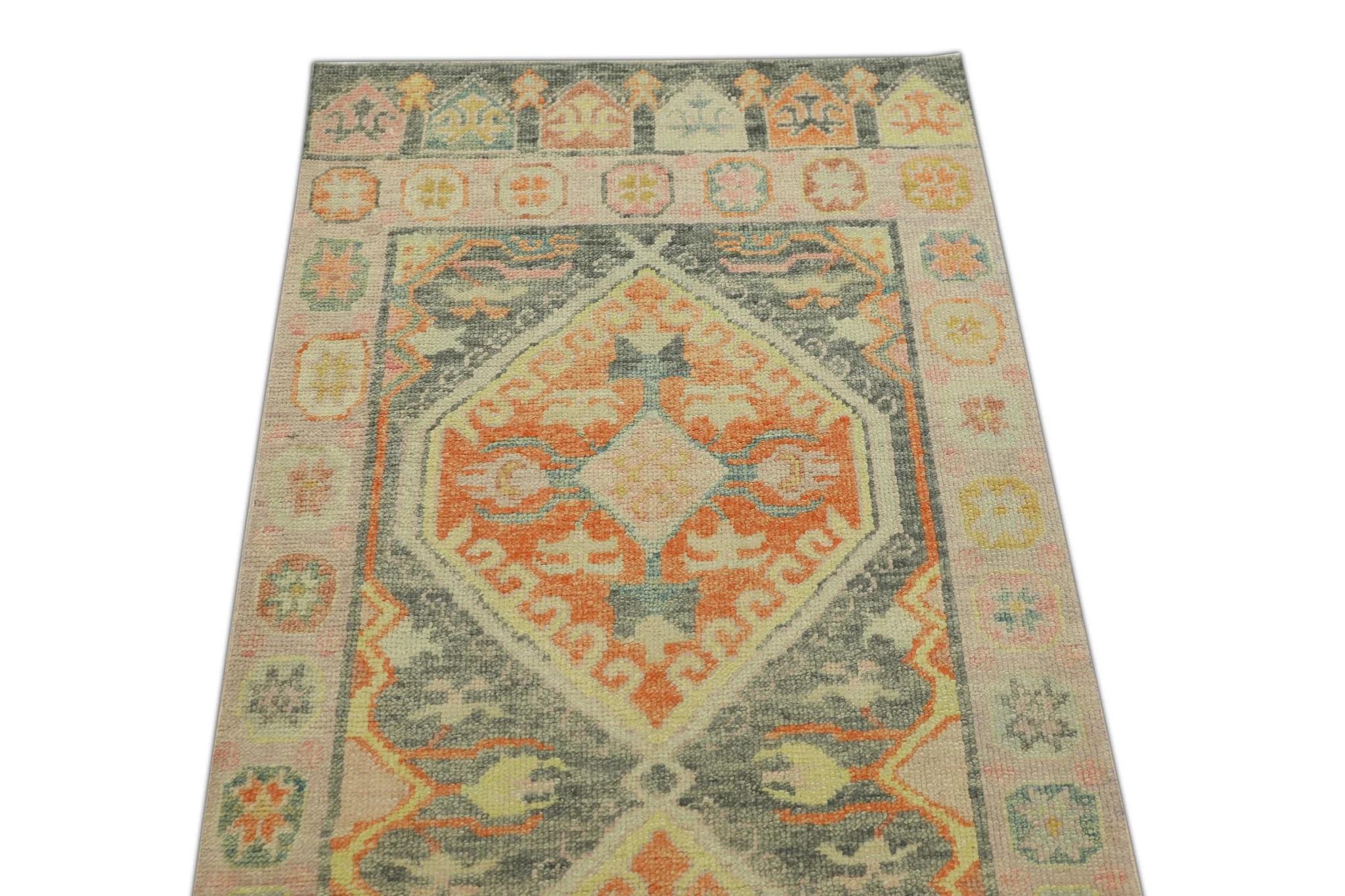 Modern Pink Multicolor Handwoven Wool Turkish Oushak Runner 3' x 6'8