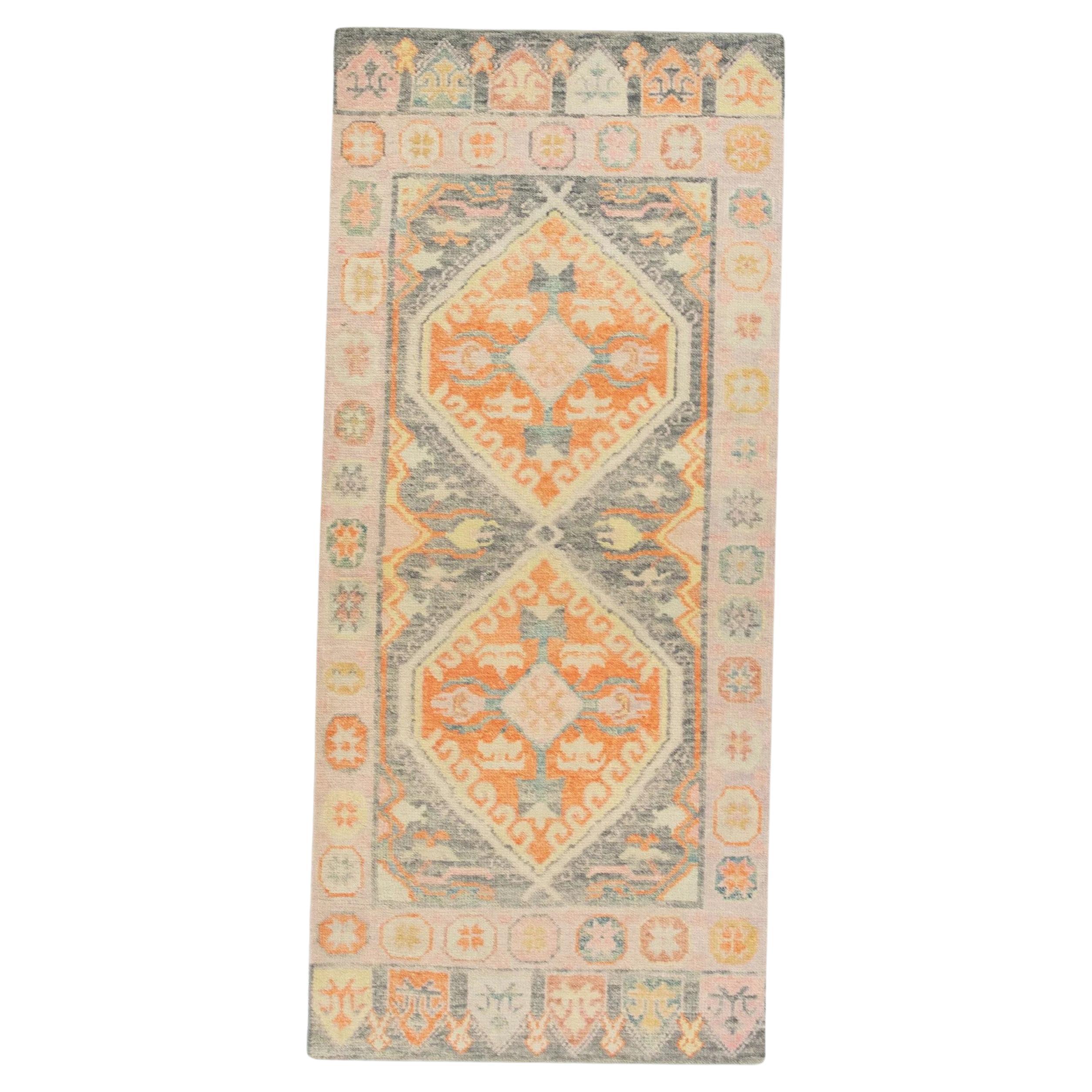 Pink Multicolor Handwoven Wool Turkish Oushak Runner 3' x 6'8" For Sale