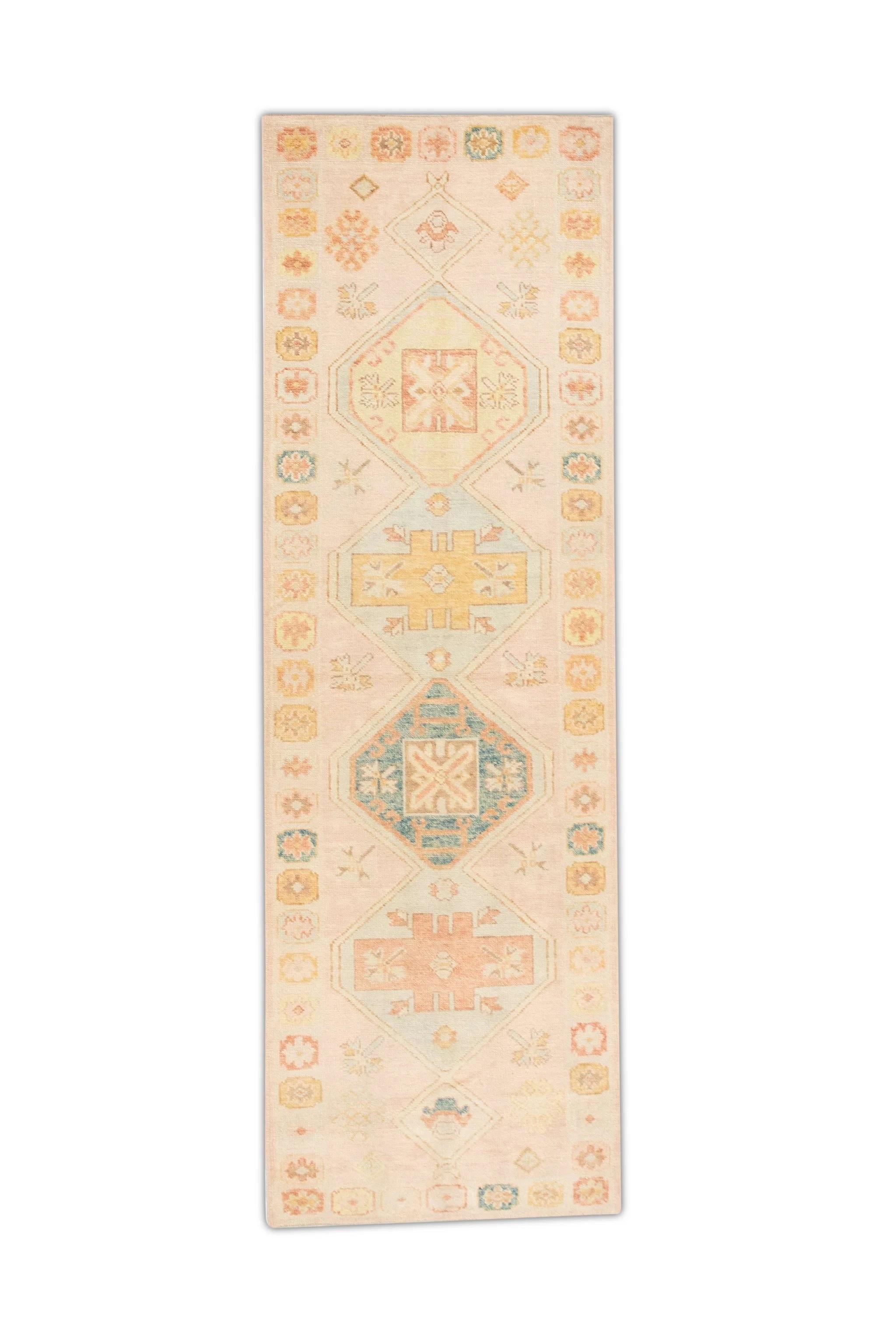 Contemporary Pink Multicolor Handwoven Wool Turkish Oushak Runner 3'1
