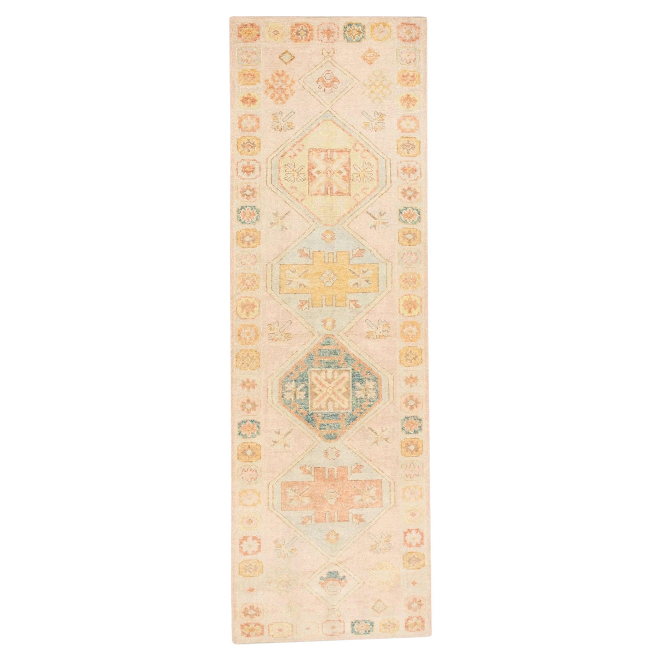 Pink Multicolor Handwoven Wool Turkish Oushak Runner 3'1" x 9'6" For Sale